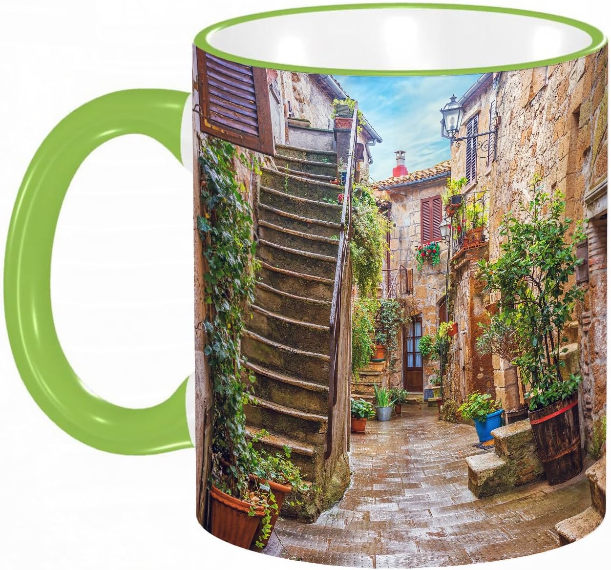 Coffee Mug Funny Mug,Coloured Mug Cup Gift Birthday Work Office Christmas Printed Coffee Cup 11Oz Cups 330ml,White,Tuscan Decor, View of an Old Mediterranean Street with Stone Rock Houses in it