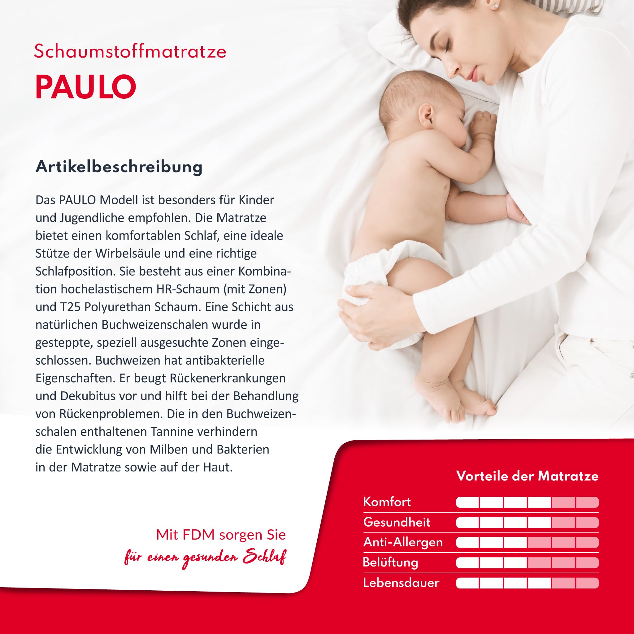FDM Matratze 70x140 cm Härtegrad H3 Höhe 16 cm Kindermatratze Schaumstoffmatratze HR-Schaum Polyurethan-Schaum Buchweizen 7 Komfortzonen mit Hypoallergenem Waschbarem Premium-Bezug Oeko-Tex Paulo