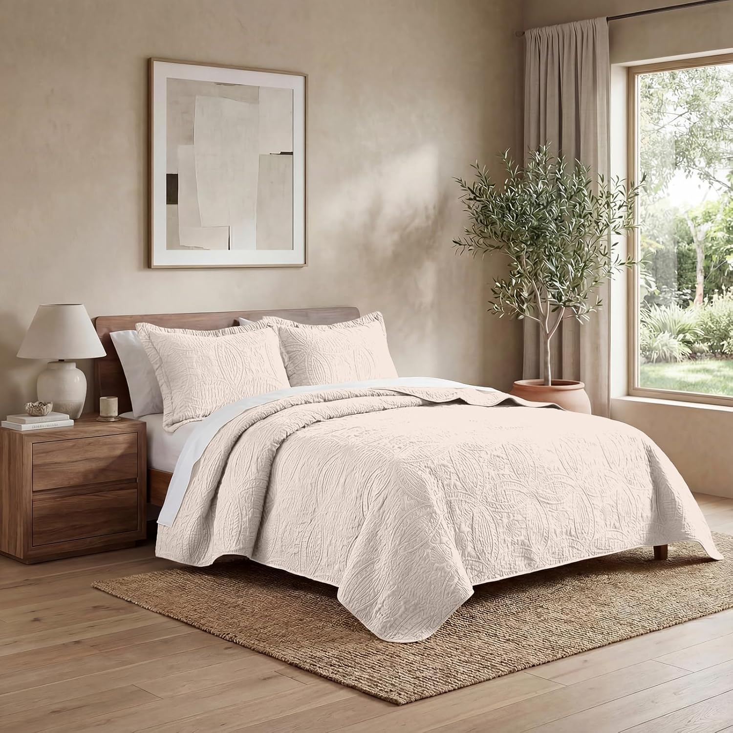 Poboton King Quilt Bedding Sets,Khaki Ultrasonic Lightweight King Size Coverlet,Coin Pattern Soft Bedspreads for All Season, (1 Quilt,2 Pillow Shams)