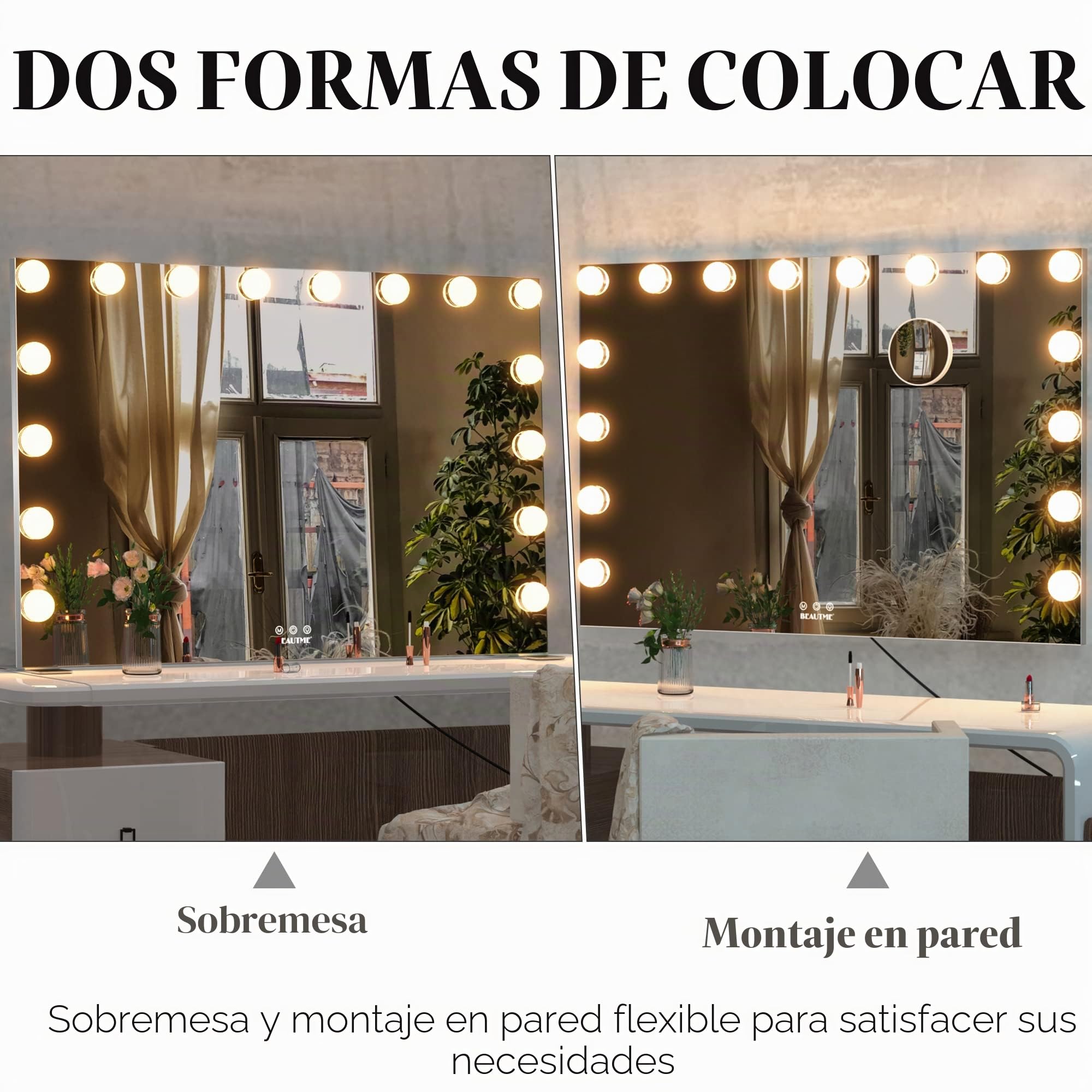 ANYHI Espejo Maquillaje con Luz 91 x 62 cm, Espejo Tocador con 16 Lámparas LED Regulables, Espejo Maquillaje Pared con Lupa 10X y 3 Modos de Luz, Espejo Hollywood de Mesa Grande (Plata)