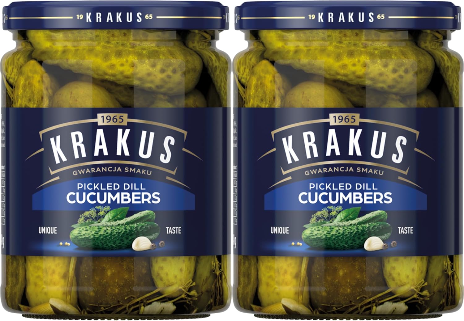 Krakus Pickled Dill Cucumbers 2 Jars - Sweet & Sour Taste - Crispy Gherkins - Delicious Condiment - Ready to Serve - 2 x 490g Glass Jar