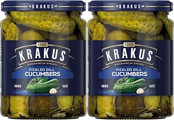 Krakus Pickled Dill Cucumbers 2 Jars - Sweet & Sour Taste - Crispy Gherkins - Delicious Condiment - Ready to Serve - 2 x 490g Glass Jar