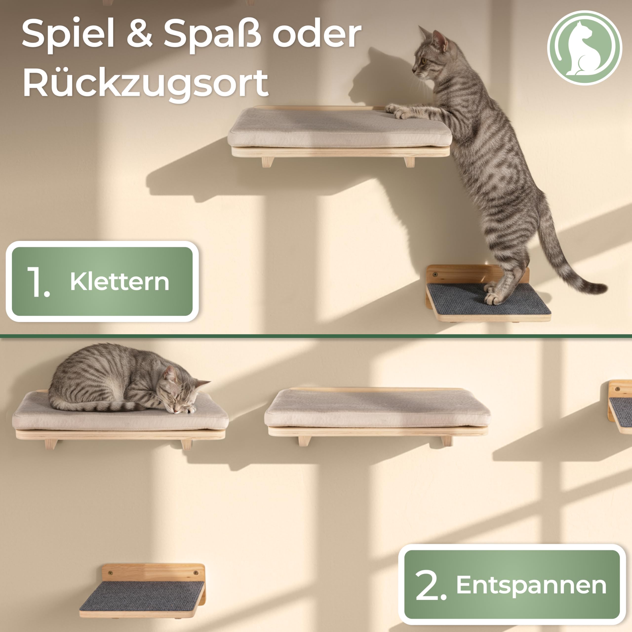 WOOWOOD® 2X Kletterwand Katzen - 2X Katzentreppe Wand [Vollholz] - Kratzbaum Wand - Hängematte Katze - Wandkratzbaum - Katzenmöbel - Katzenwand - Katzen Kletterwand Set (5 teilig)