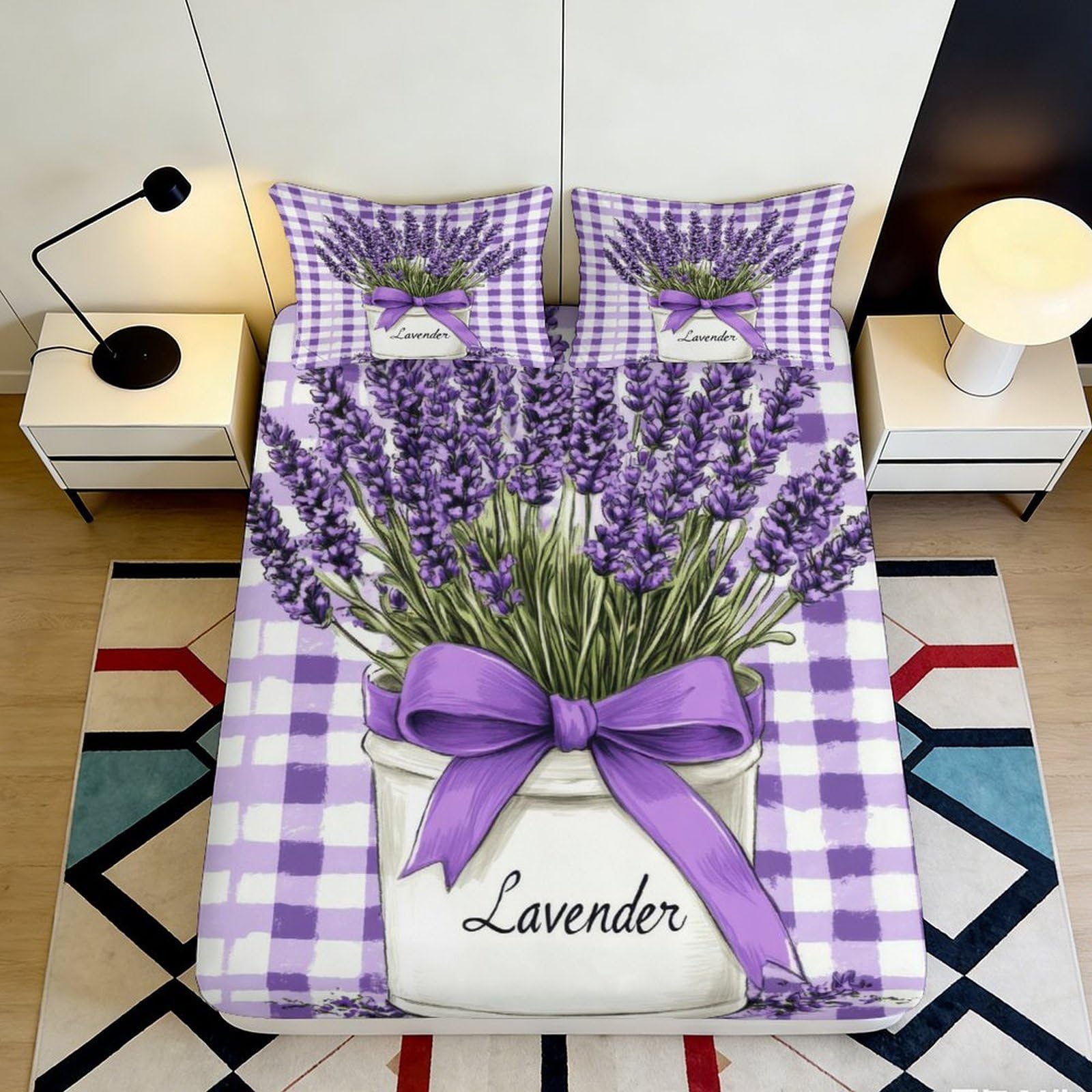 3D Printed Lavender Fitted Sheet Microfiber Deep Pocket Non-Slip Bedroom Bedding Lavender Mattress Fitted Cover Washable for Adults 140x200x25cm