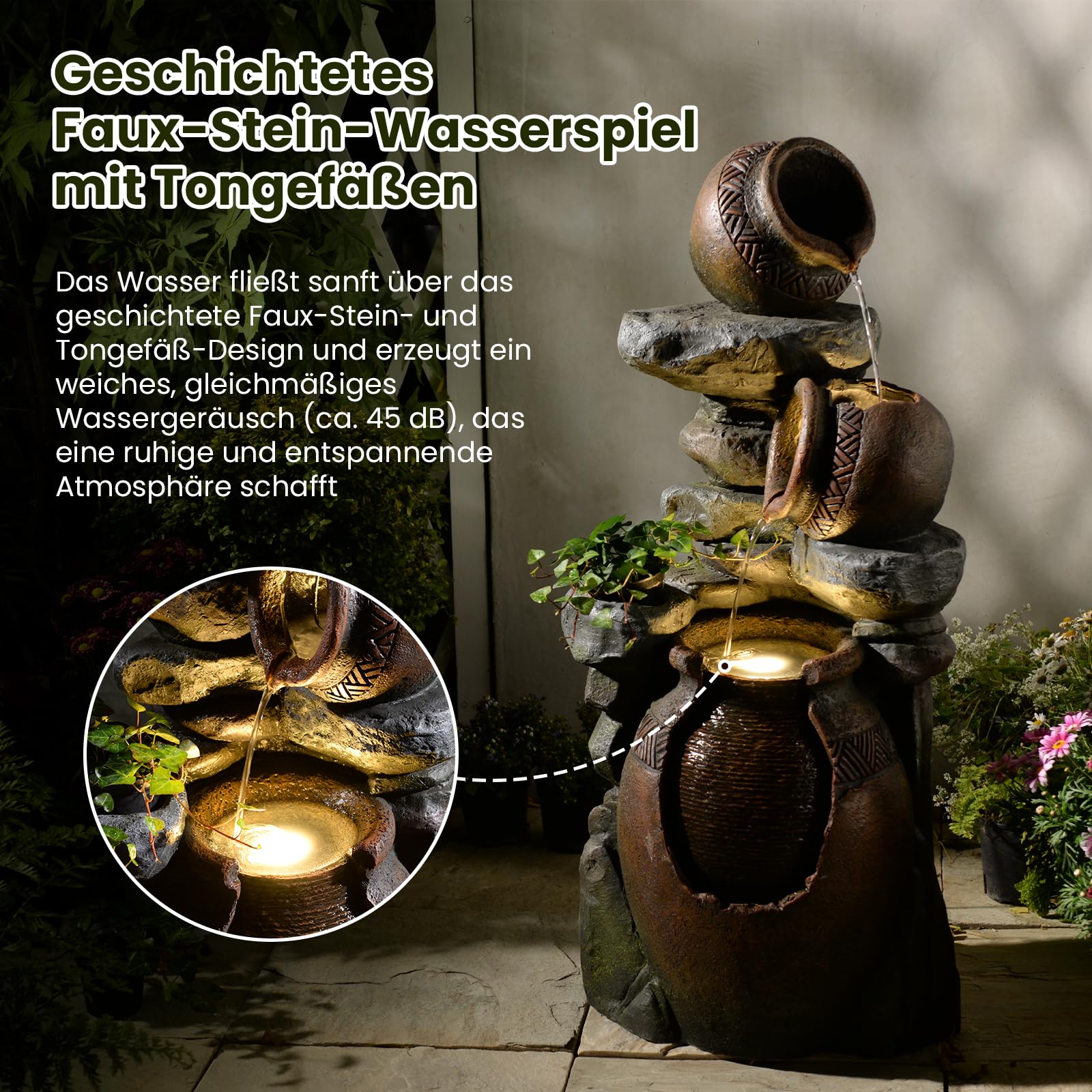 Sunlinua 3-stufiger Gartenbrunnen für Außen in Steinoptik mit gestapelten Tongefäßen – Harz-Wasserfall Garten mit LED-Beleuchtung für Terrasse, Balkon oder Eingangsbereich, 37×34×97,5 cm | Braun