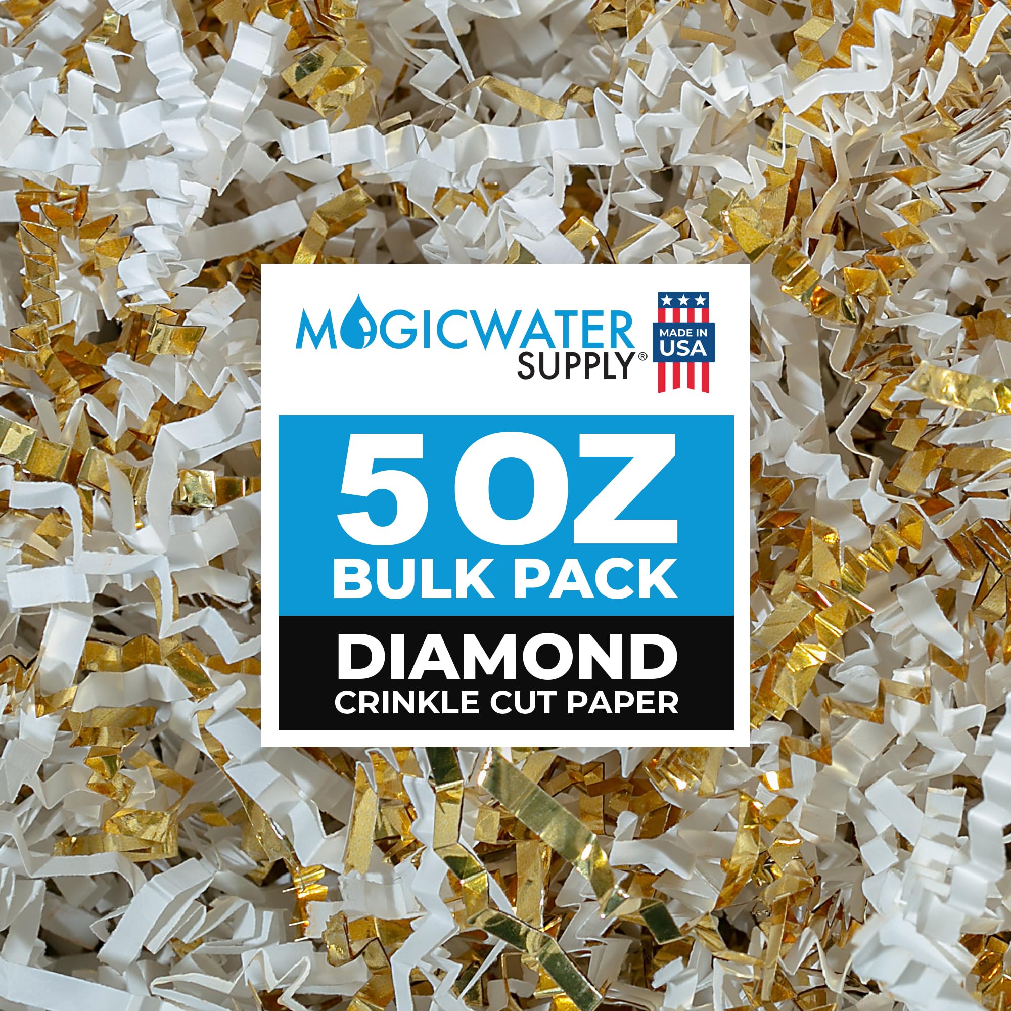 MagicWater Supply - 5 oz - White & Gold - Crinkle Cut Paper Shred Filler great for Gift Wrapping, Basket Filling, Birthdays, Weddings, Anniversaries