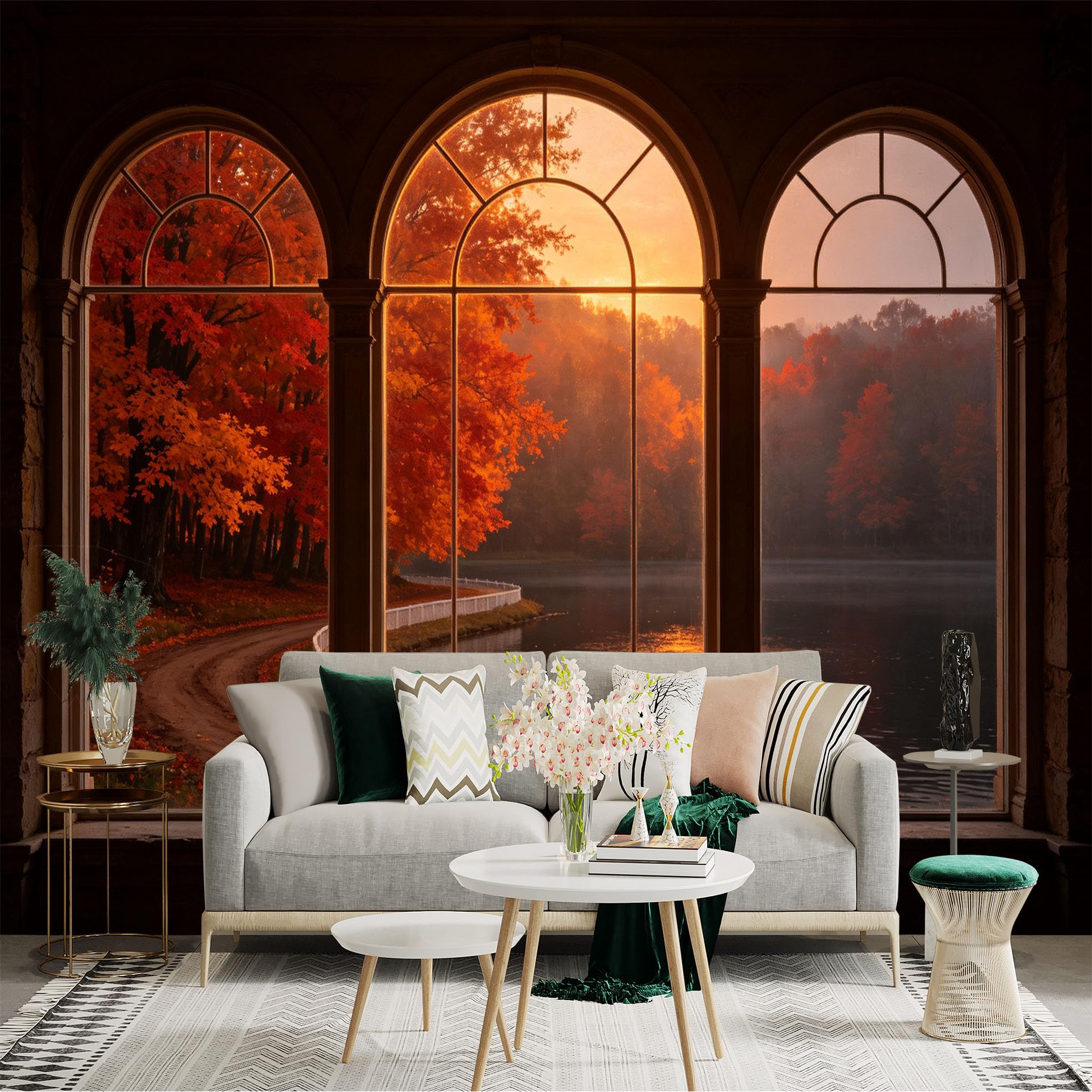 Custom Size Wall Sticker Mural， Autumn Maple Forest Lake View， Golden Sunset Window Scene， Misty Nature Landscape， for wall Decoration， peelandstick wall Decals.