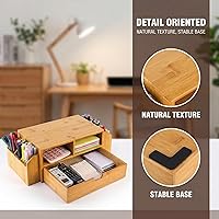 Vista 5 de Hiceeden Organizador de escritorio de bambú de 2 niveles, soporte elevador para monitor de escritorio con 1 cajón y 2 soportes para bolígrafos