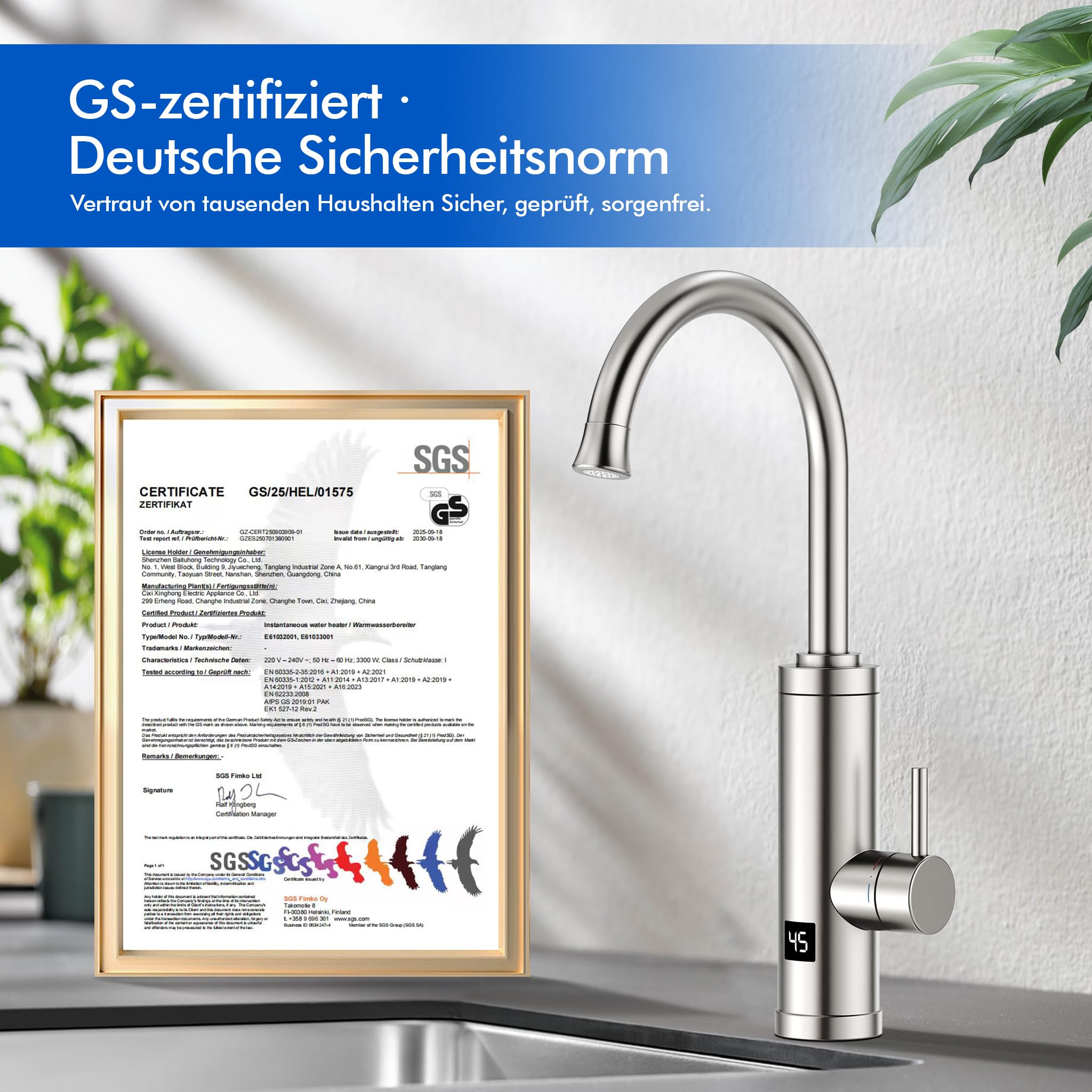 HOMELODY Wasserhahn mit Durchlauferhitzer 230V, GS-Zertifizierung Elektrischer Wasserhahn Sofort Heißes Küchenarmatur mit LED-Display, Anti-Spritz Edelstahl Küchenarmatur, Durchlauferhitzer Küche