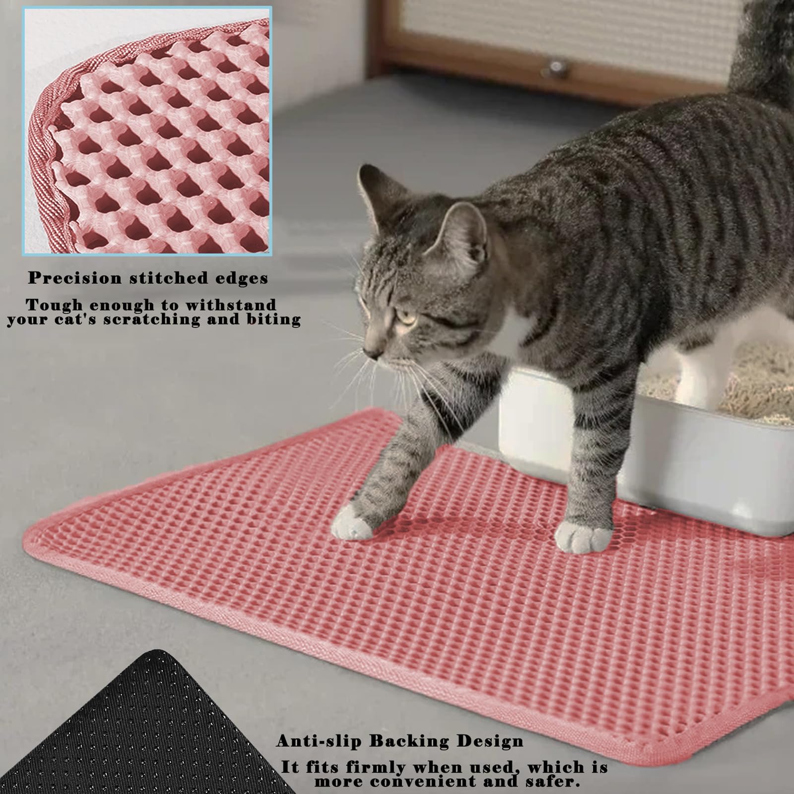 Cat Litter Mat, Honeycomb Double Layer Cat Litter Trapping Mat, Waterproof Urine Proof Non-Slip, Scatter Control, Less Waste, Easier to Clean (Pink, 35" X 24") - image 4