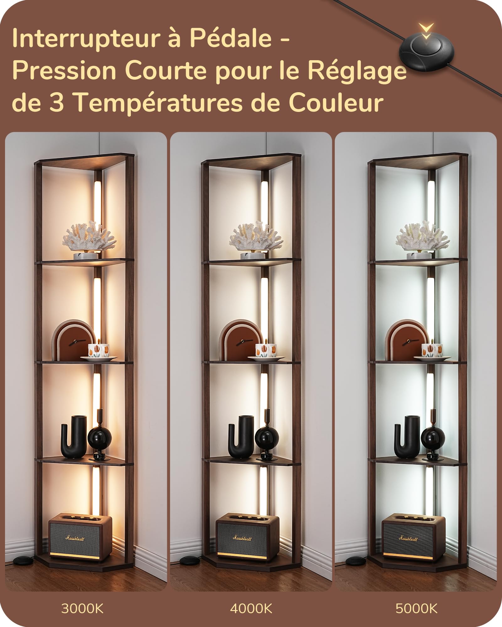 EDISHINE Lampadaire sur Pied Salon avec Étagères, Dimmable en Continu, 3 Températures de Couleur, Interrupteur a Pédale, Étagère d'Angle avec Lampe LED pour Salon, Chambre, Bureau, Noyer Foncé