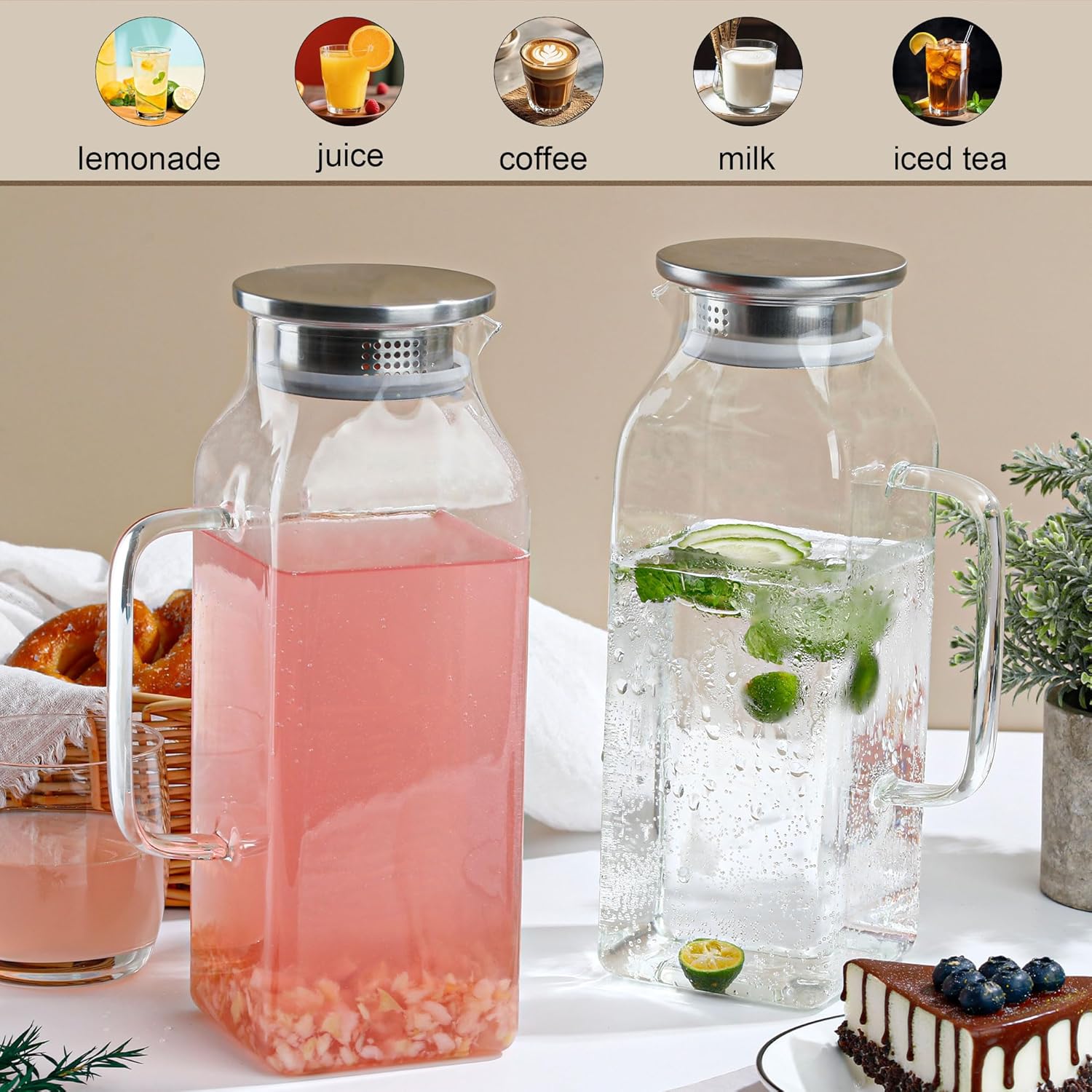 2 Pack 2 Liters/68 oz Square Glass Pitchers With Handle and Lid, Borosilicate Heat Resistant Water Jug, Modern Carafe for Hot Tea, Cold Brew and Milk, Unique Mother's Day Anniversary or Birthday Gift