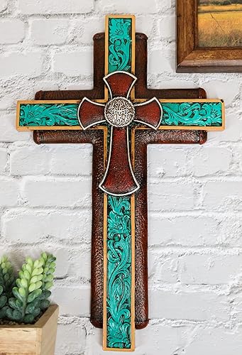 Miniatura 9 de Ebros Gift Rústico suroeste de la Toscana adornado concho turquesa pergamino de encaje en capas de cuero sintético Crucifijo Crucifijo decoración