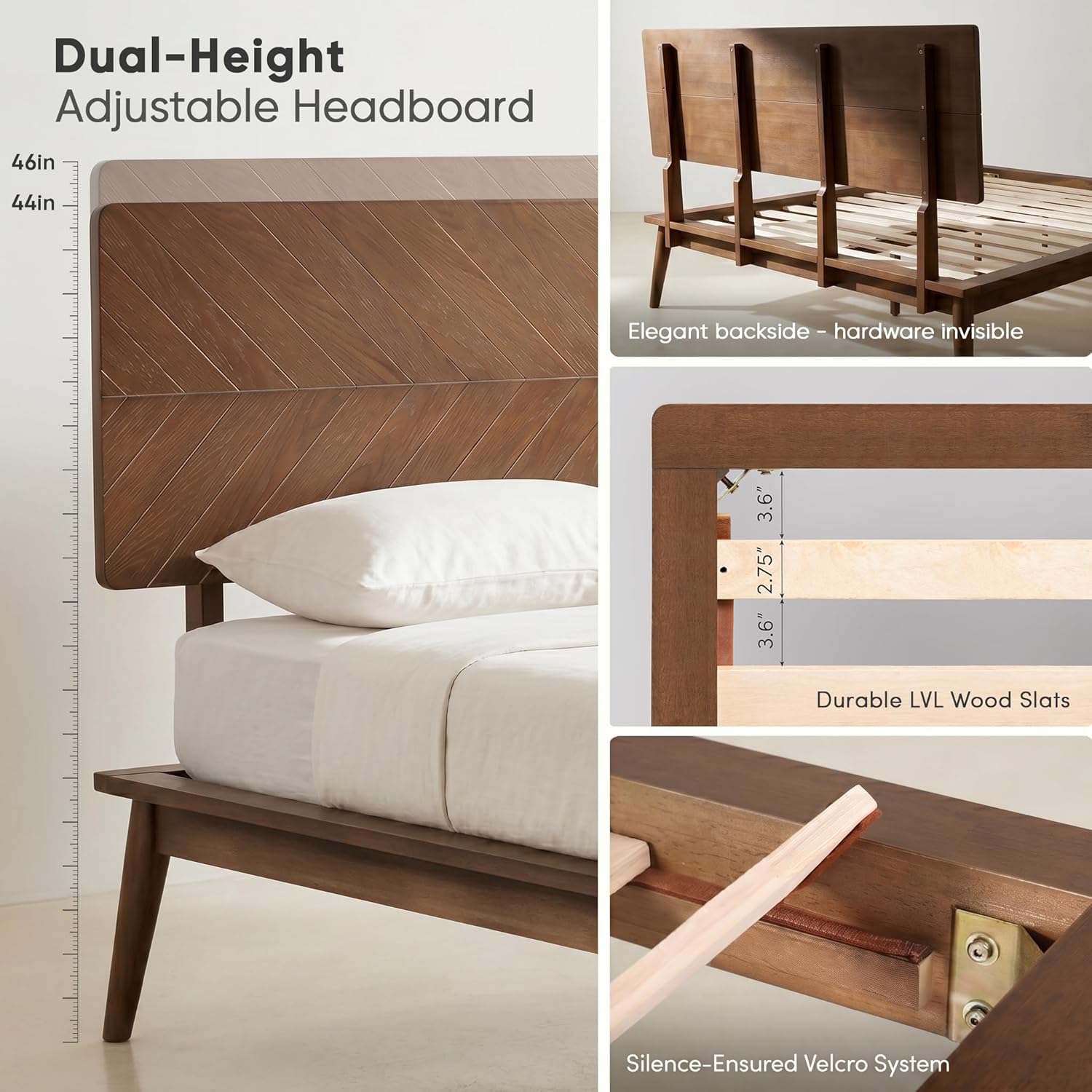 Loki Solid Wood Bed Frame Queen, Premium Platform Bed with Chevron Headboard and Wood Slat Support, Noise-free, Easy Assembly, No Box Spring Needed, Mid-Century Modern Minimalist Styles (Walnut)