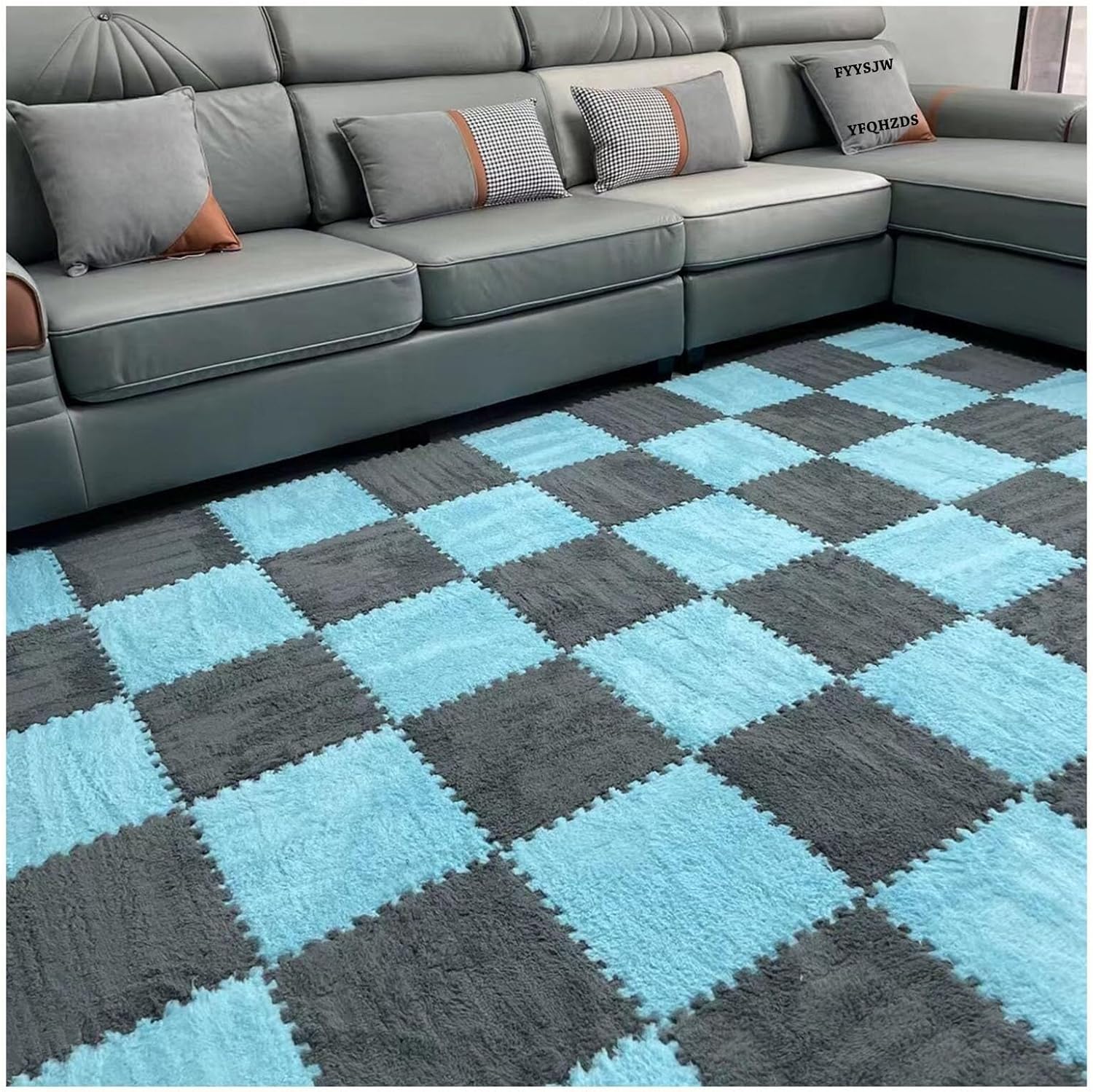 20pcs Plush Carpet Tiles, 30cm Square Interlocking Foam Tiles, Puzzle Rug Carpet, Fluffy Fuzzy Floor Tile Foam Mats for Living Room(Gray+Dark Blue,0.6cm)