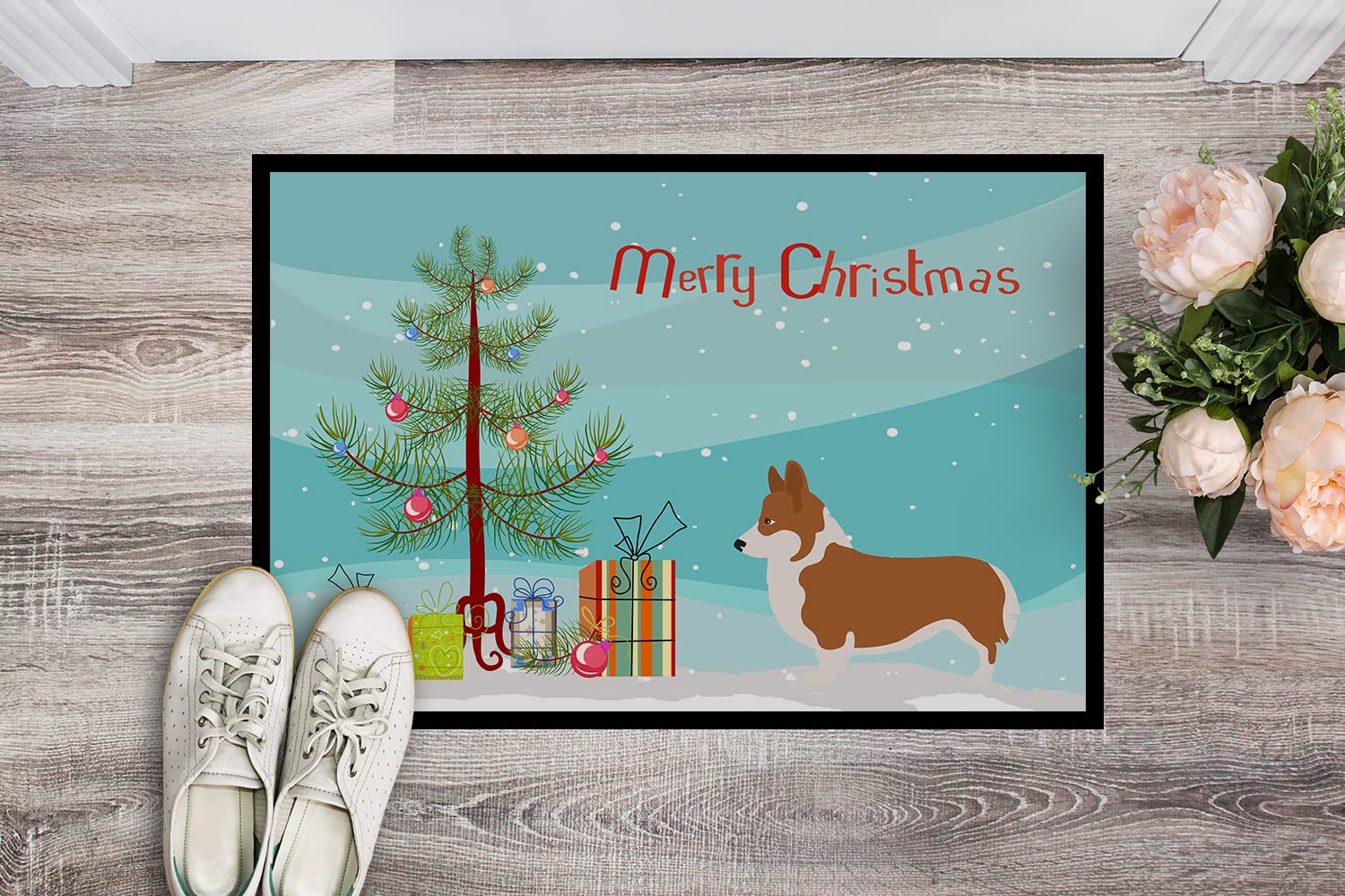Caroline's Treasures BB8482JMAT Pembroke Welsh Corgi Christmas Doormat 24x36 Front Door Mat Indoor Outdoor Rugs for Entryway, Non Slip Washable Low Pile, 24H X 36W