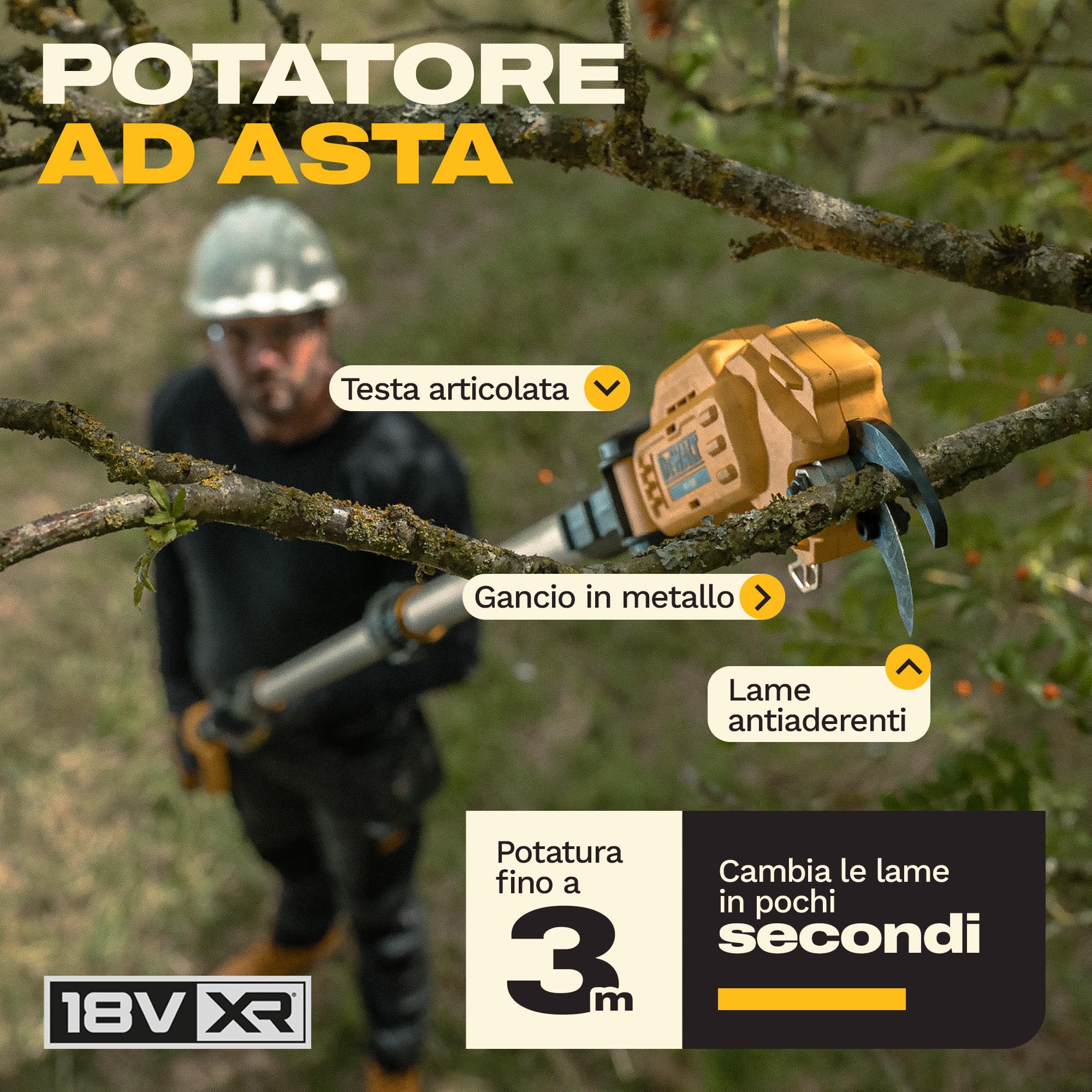 DEWALT 18V XR Potatore ad Asta Professionale; Potente e preciso per il taglio di rami alti, Solo Utensile, DCMPP569N-XJ