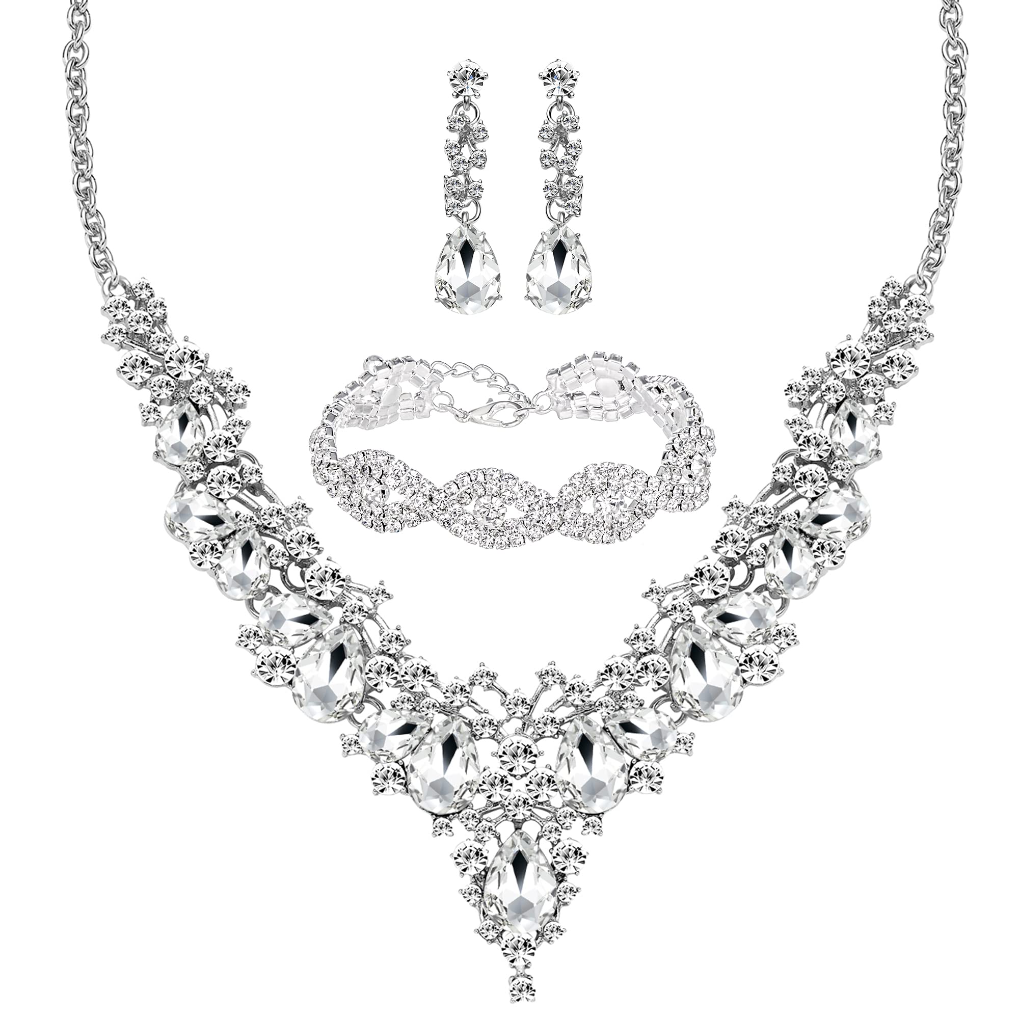 3/4 Pieces Women Jewelry Set Rhinestone Tiara Crown Necklace Bangle Bracelet Crystal Teardrop Dangle Earrings and Rhinestone Handbag for Wedding Party