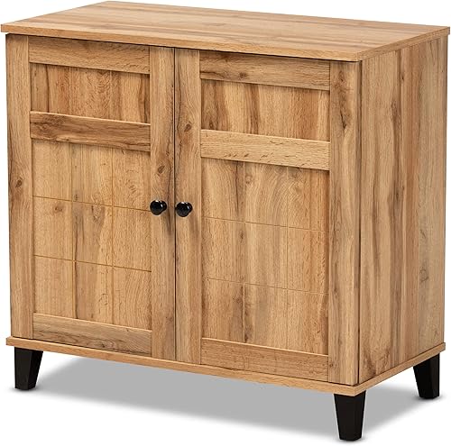 Baxton Studio Glidden - Gabinete de almacenamiento de zapatos de 2 puertas de madera con acabado marrón roble moderno y contemporáneo