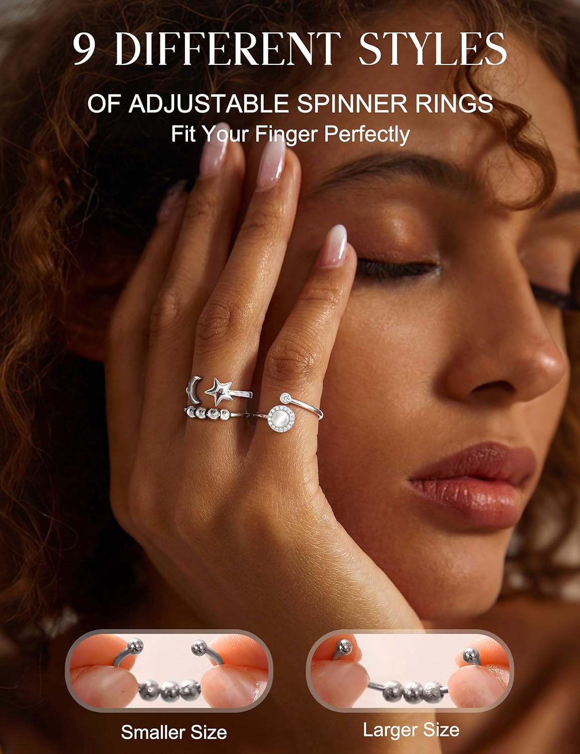 ORAZIO 9Pcs Fidget Anxiety Ring for Women Men Spinner Ring for Anxiety Stress Relief Adjustable Open CZ Flower Butterfly Bee Sun Moon Star Bead Rotatable Spinning Figet Calm Rings Silver Set