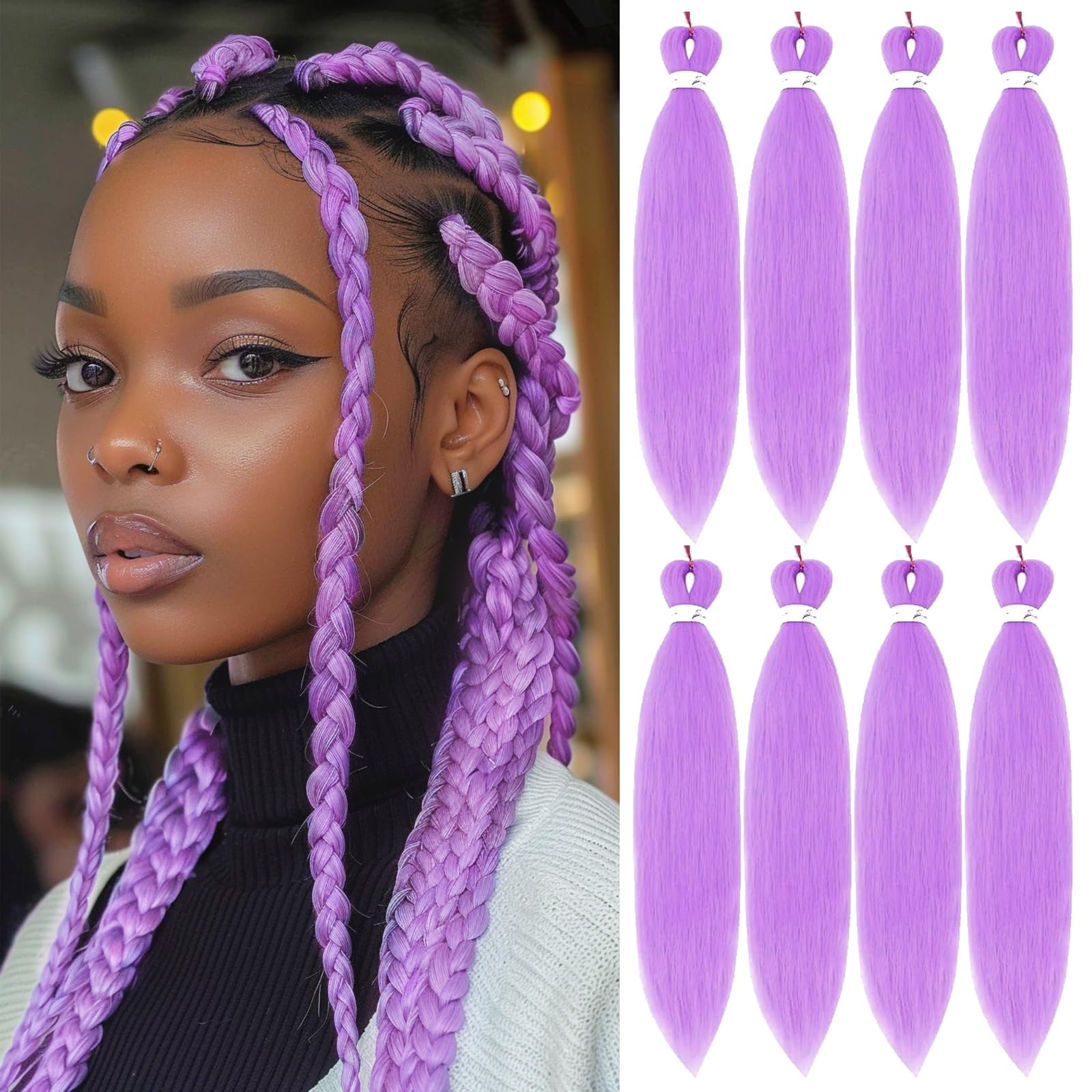 Bright Purple Braiding Hair Long Braid 26 Inch 8 Packs Pre Stretched Braiding Hair Extensions for Twist or Box Braids Hot Water Setting Soft Yaki Texture Crochet Twist Braids(Bright Purple
