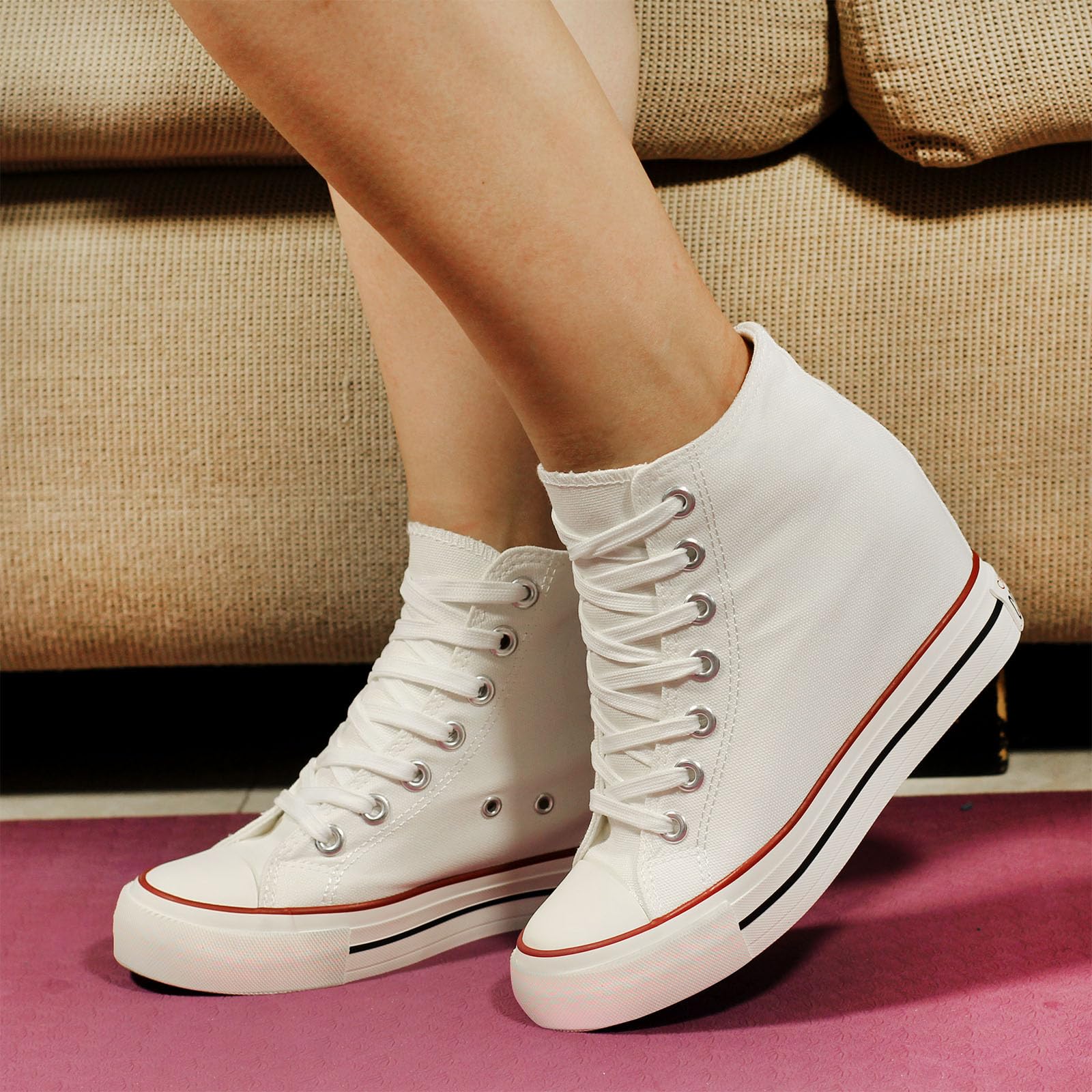 Damen Wedge Canvas Sportschuhe Hide Keilabsatz High-Top Schnürsenkel Canvas Sneakers