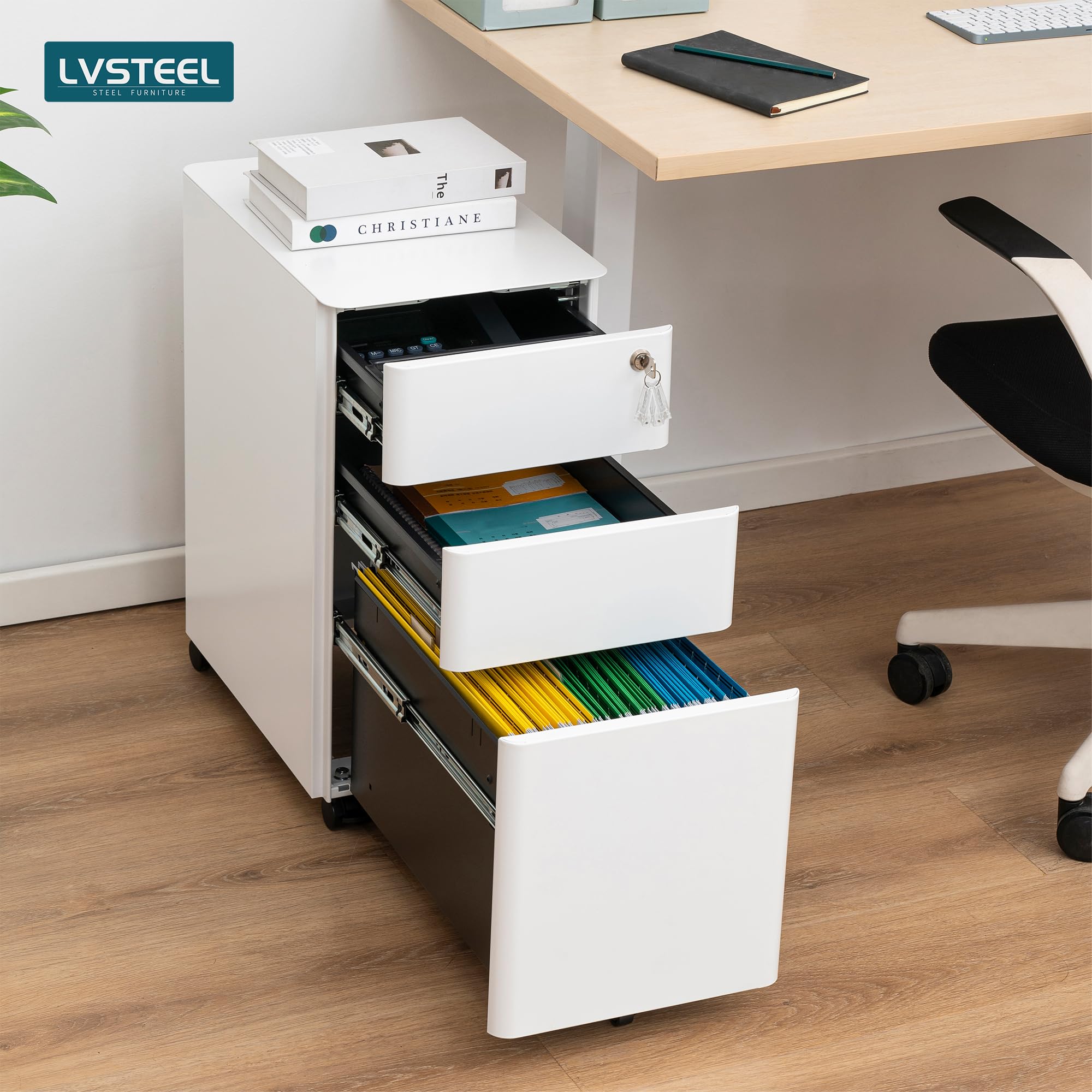 Aktenschrank mit 3 Schubladen und Schloss,Weiß, OFC331W01