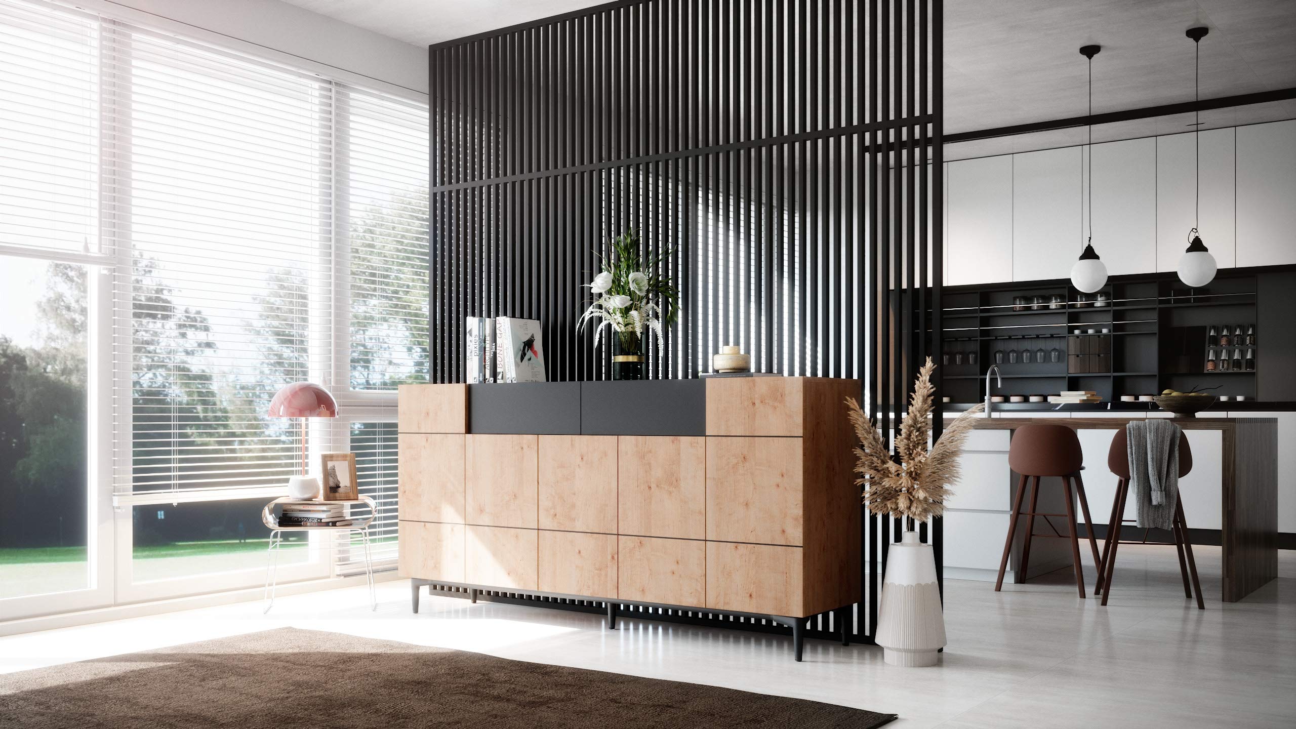 Newfurn Sideboard Wildeiche Schwarz grifflos Kommode Wohnzimmer | zweifarbige Holzoptik, konische Metallbeine, Klappen und Türen, Highboard Anrichte, für Flur und Esszimmer