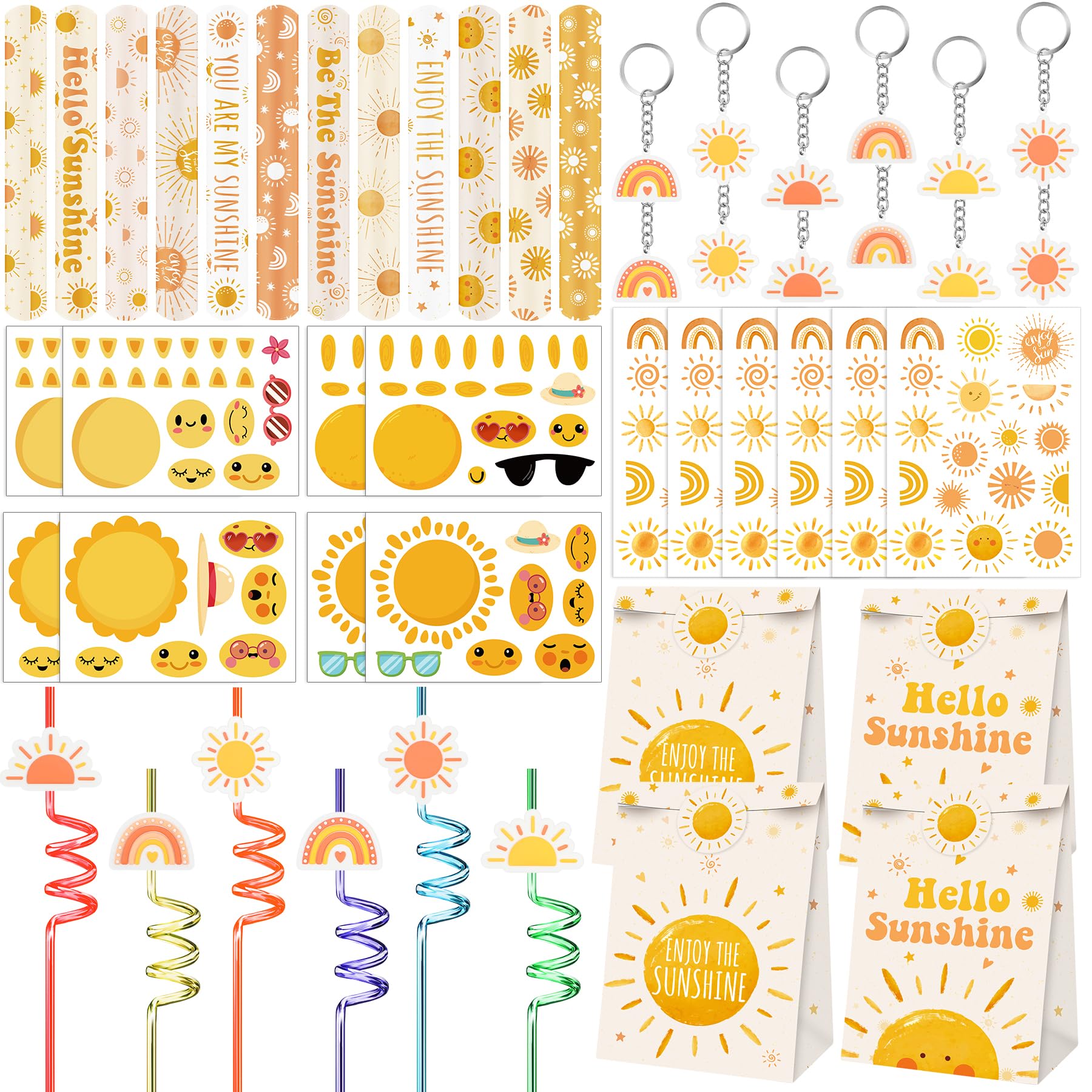 ErweicetBoho Sun Party Favors 72 PCS Sunshine Slap Bracelet Boho Rainbow Temporary Tattoos DIY Stickers Keychain Plastic Straws Gift Bags for Kids Sun Theme Birthday Party Baby Shower