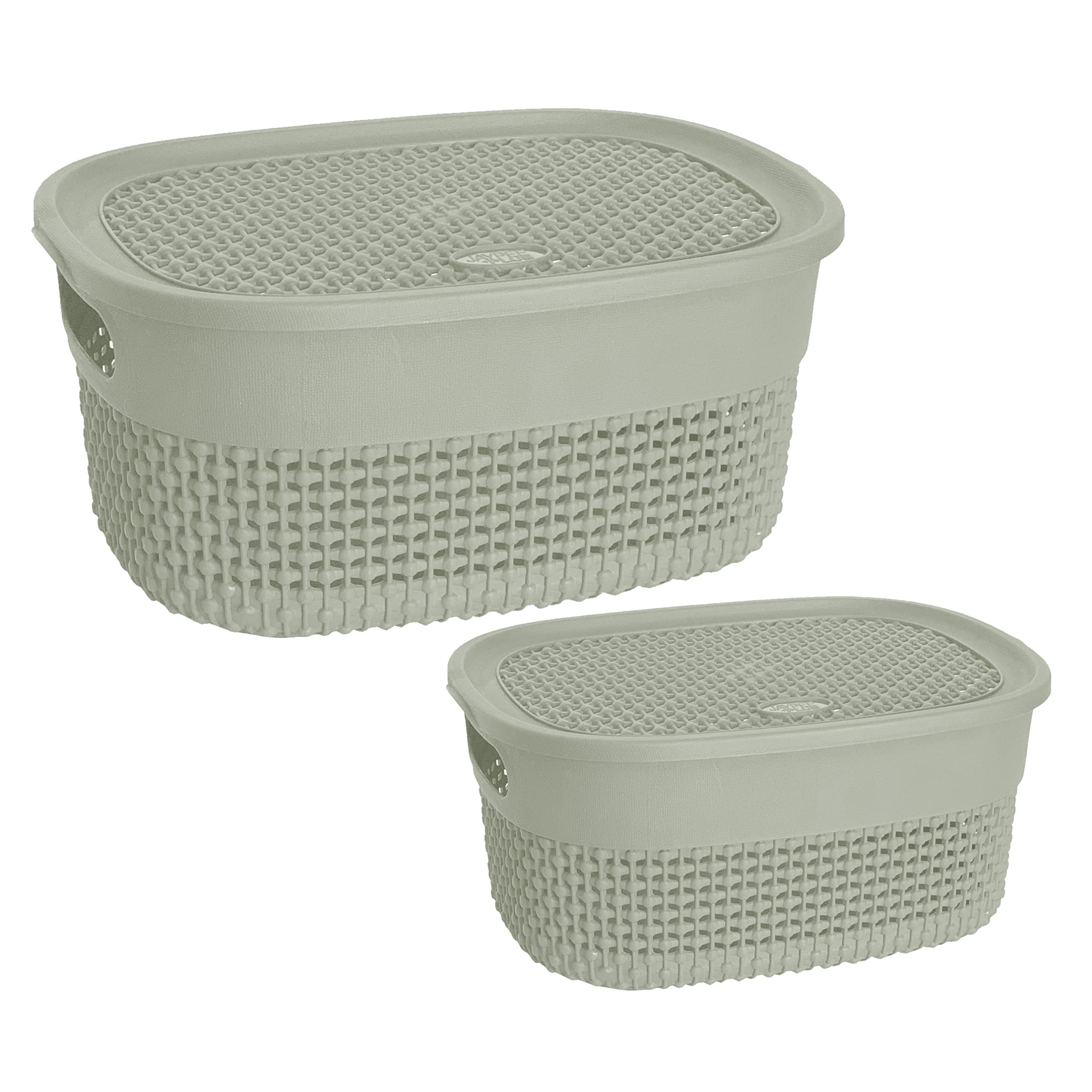 (Set of 2) - Small And Large Oval Plastic Storage Basket with Lid 4L/14L Litre Storage Box Stackable Organiser For Makeup Storage Kitchen Bathroom Toy Box Desktop Shelves Cupboards (Green)