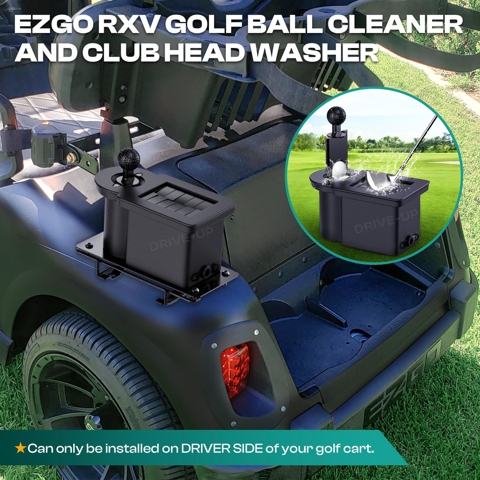 Drive-up Golfwagen-Ball-Unterlegscheibe und Schlägerreiniger-Set, Golfball-Unterlegscheibe und Golfschlägerkopfreiniger für EZGO RXV Gas- und Elektro-Golfwagen, Fahrerseite, OEM 603836