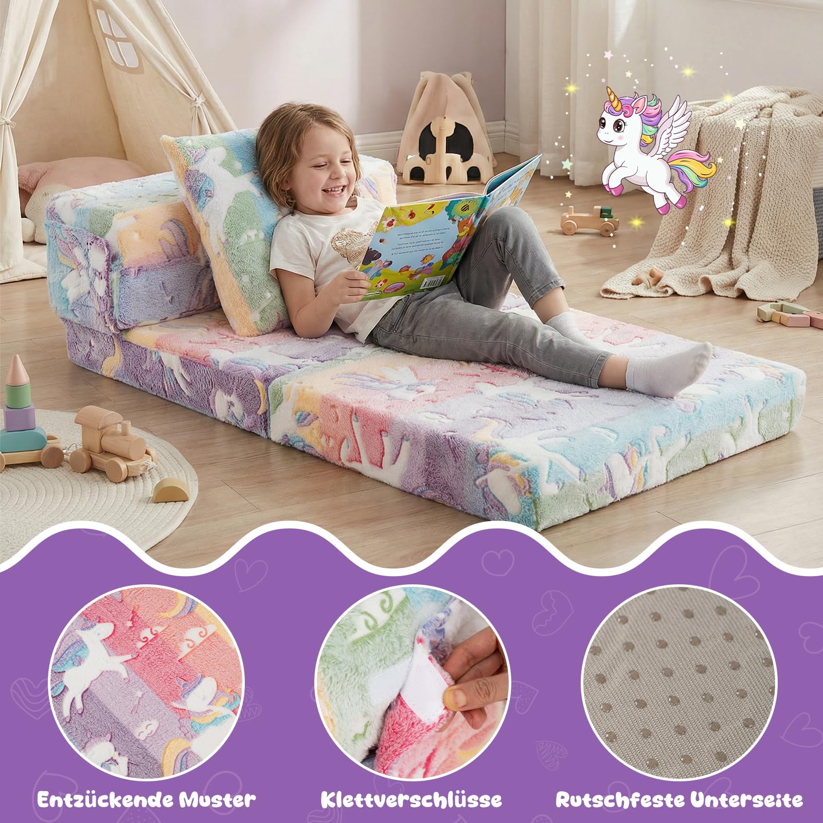 COSTWAY Sofa dziecięca 3 w 1 świecąca w ciemności, składany fotel z poduszką i zdejmowanym pokrowcem, wyściełana sofa do zabawy z funkcją spania do pokoju dziecięcego, kolorowy