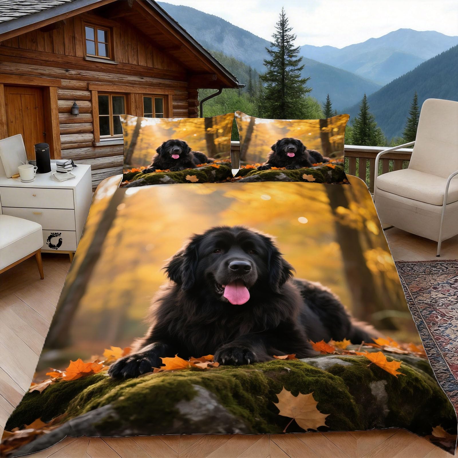 Housse de couette 200x200 chien noir avec 2 taies d'oreiller pour lit 2 personnes
