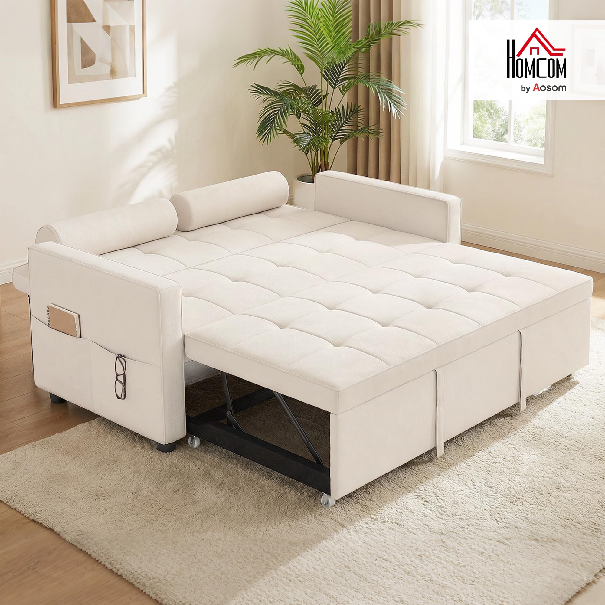 HOMCOM Canapé Convertible 2 Places 3 en 1, canapé-lit capitonné, lit gigogne Double, Dossier réglable, 2 Coussins et Poches d'accoudoirs, Tissu Aspect Lin, pour Chambre, Beige