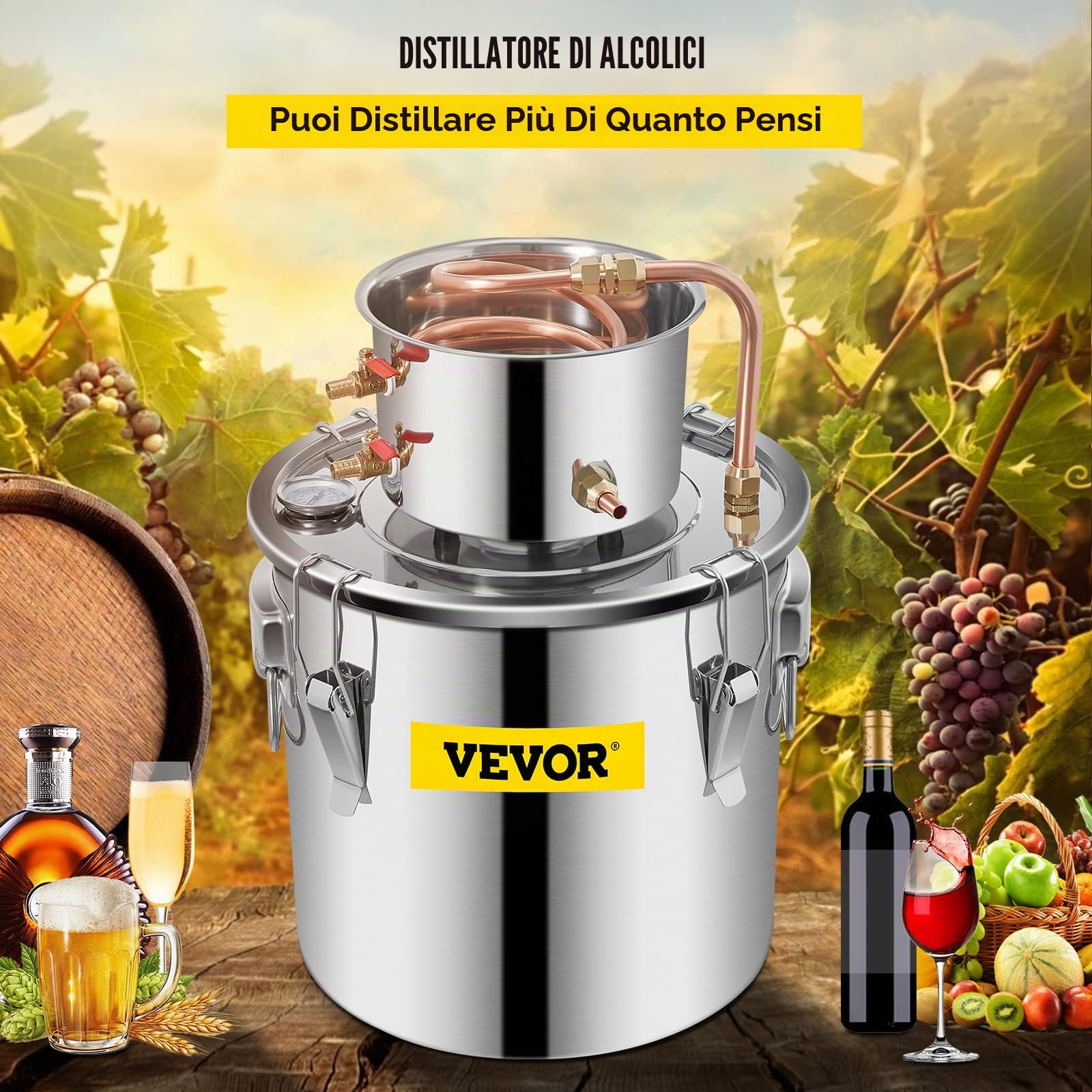 VEVOR Kit di Distillatore Alambicco in Acciaio Inox Rame Puro Materiale per Uso Alimentare Capienza del Serbatoio 19L, Kit Distillatore 30 x 30 cm per Liquore Acqua Distillata Vino con Pompa d'Acqua