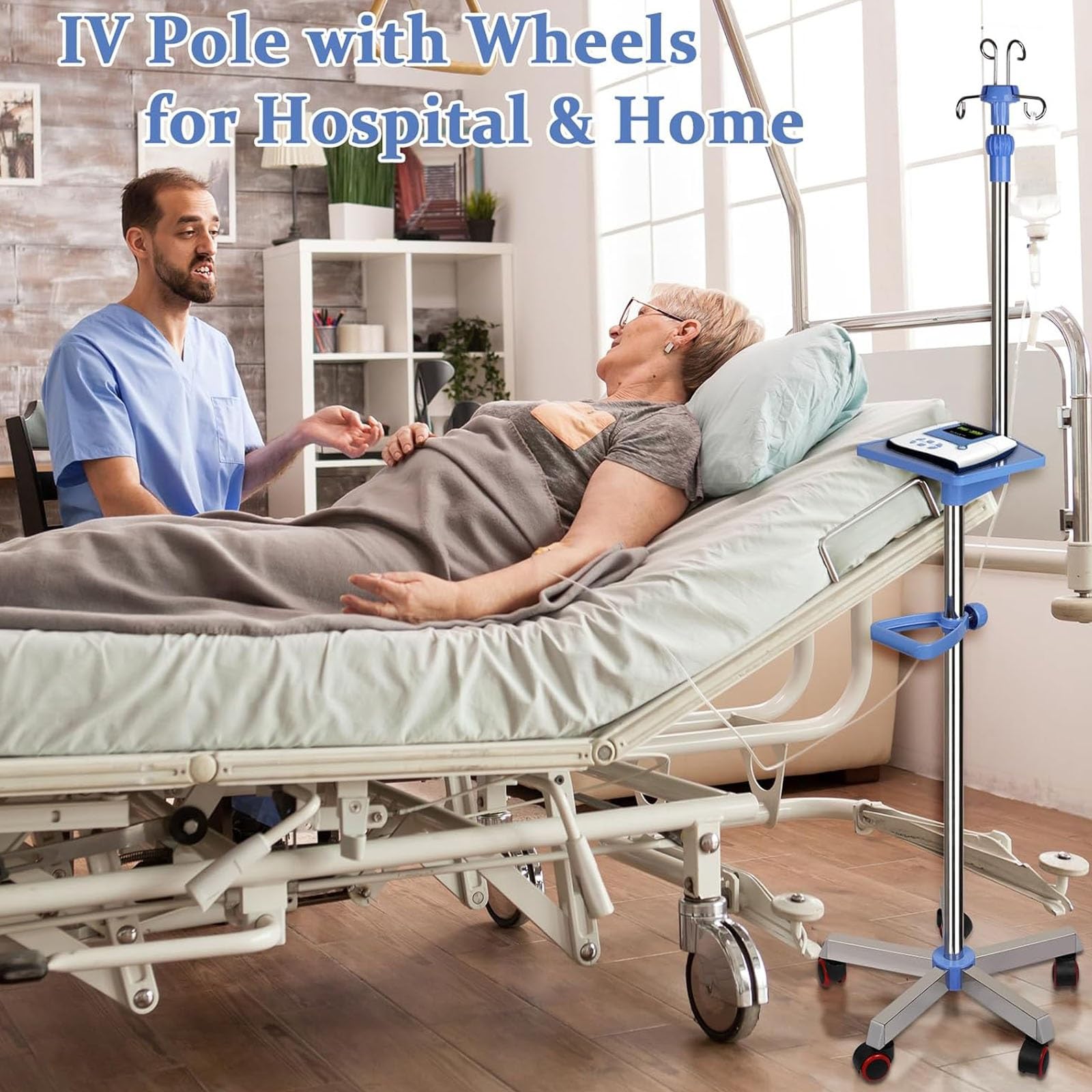 Supporto per Flebo, Palo for Flebo Medico con Rotelle, in Acciaio Inox, Altezza Regolabile 150-200 Cm, Perfetto for Ospedale(Blue)