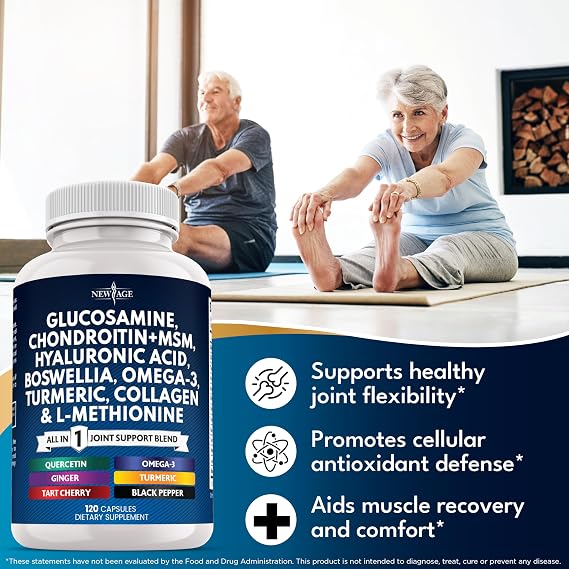 NEW AGE Glucosamine Chondroitin, MSM, Turmeric Curcumin, Collagen, Hyaluronic Acid, Omega 3 Health Supplement for Men & Women 240 Count