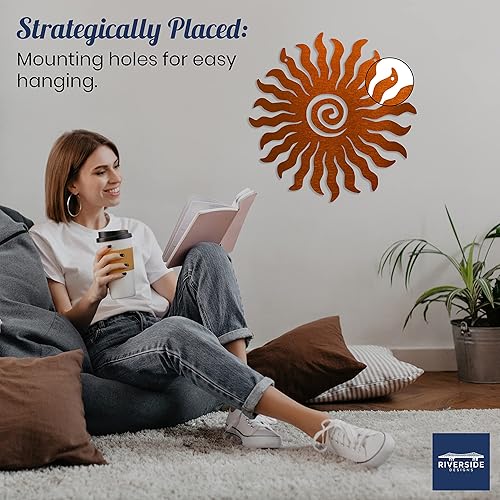 Vista 5 de Riverside Designs Sunburst - Arte de pared de metal para decoración al aire libre, resistente e impermeable, fabricado en Estados Unidos