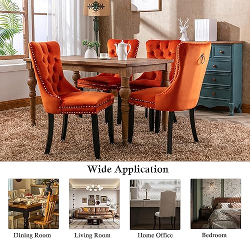 Miniatura 2 de Rhomtree Juego de 4 sillas de comedor de tela de terciopelo, respaldo copetudo de lujo con ribete clavado y anillo trasero, sillas de cocina,