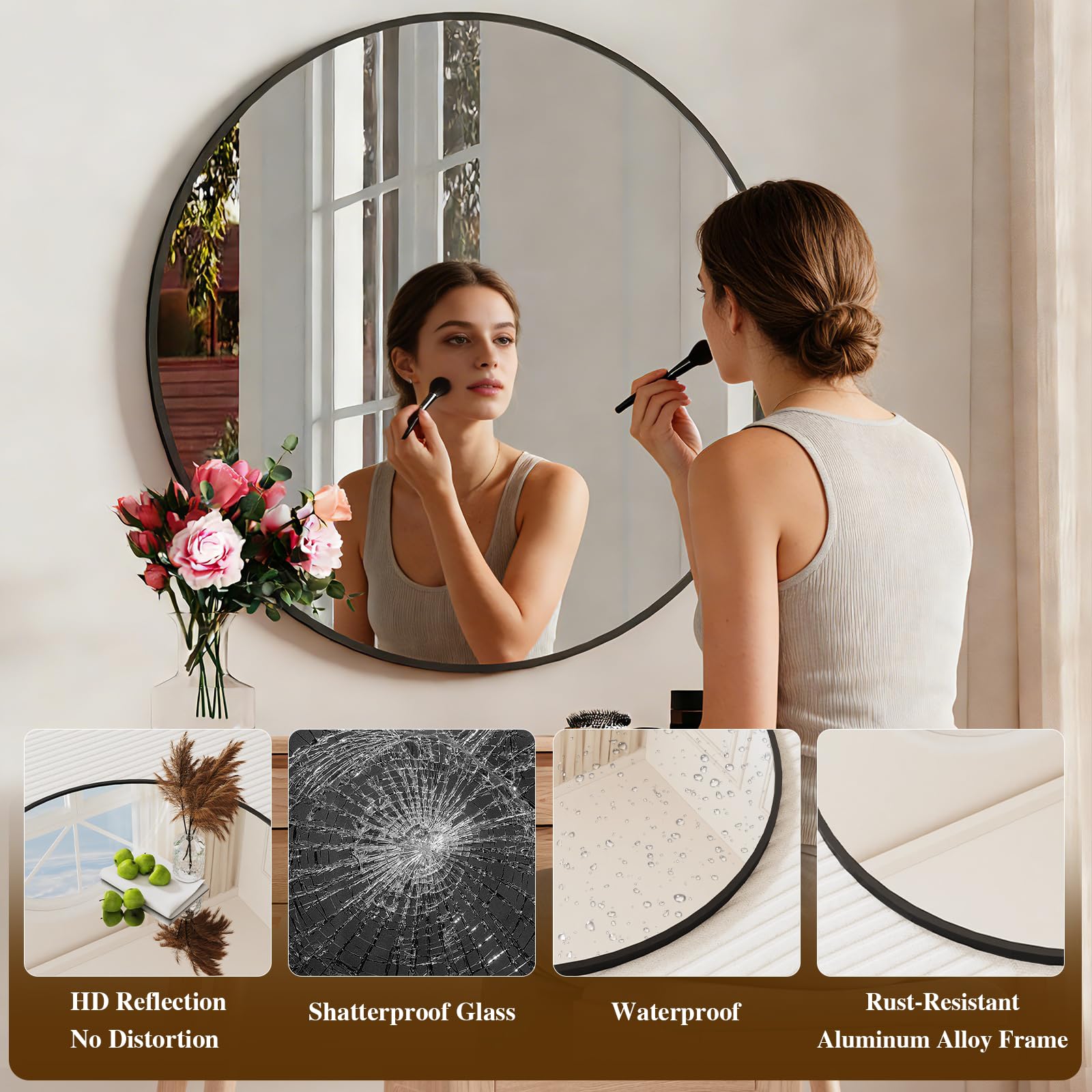 80 cm Miroir Rond, Miroir Rond Mural, Cadre en Alliage d'Aluminium, Verre Trémpe, Miroir Noir, pour Salle de Bain, Chambre, Salon, Couloir