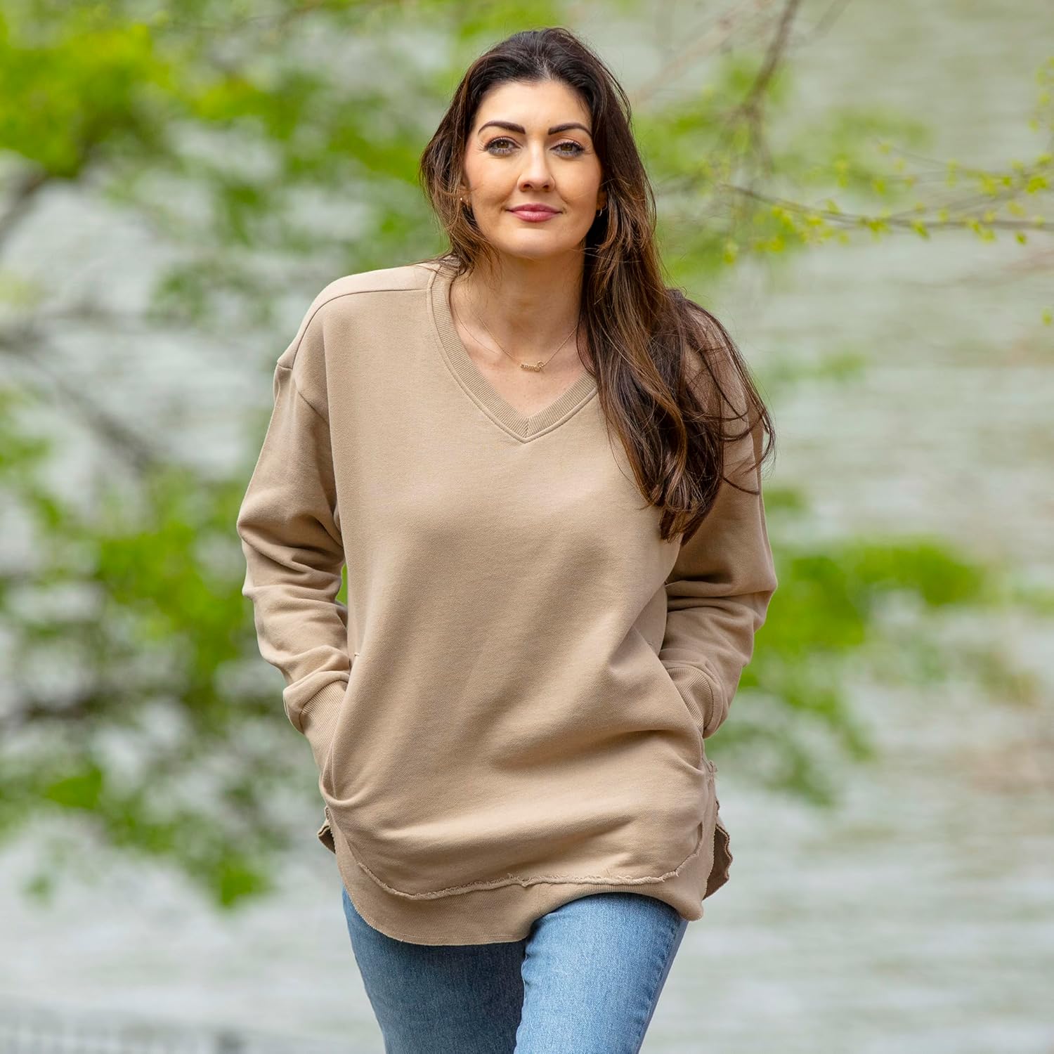 Royce Melange East Hall Fleece Sweatshirt: Vee-Neck Hi-Lo with Pockets - Image 2