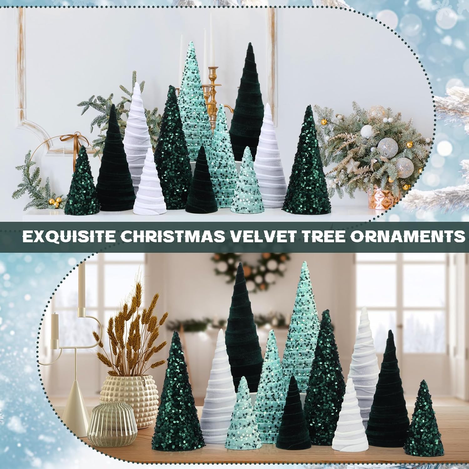 ShinyRelief 12 Pcs 12" 10" 6" Christmas Velvet Cone Tree Decorations Mini Sequin Xmas Tree Cone Set for Christmas Winter Entryway Mantel Table Centerpiece Decor (Green, Light Green, White)