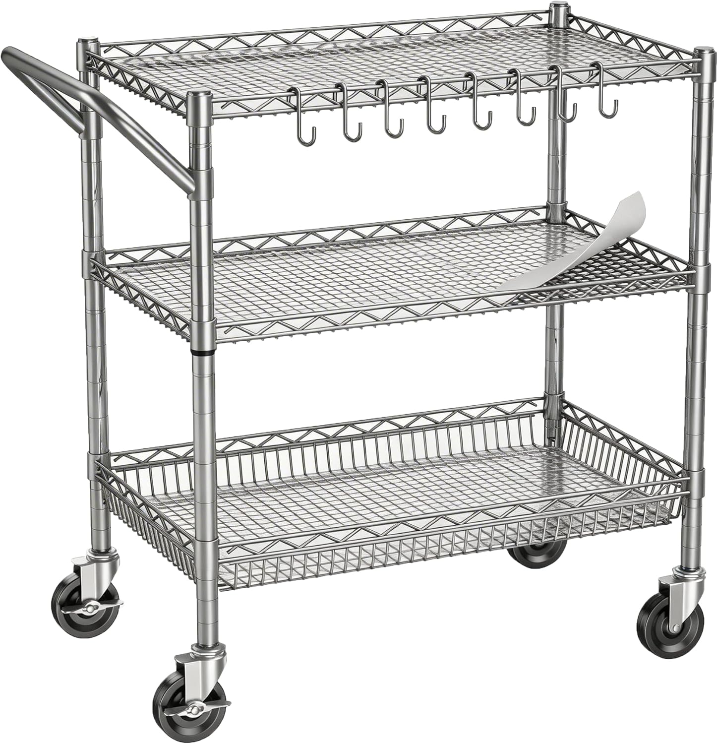 Rolling Utility Metal Carts with Wheels Heavy Duty 1050Lbs Commercial Grade 3 Tier Wire Serving Cart with Handle Bar & Shelf Liner, Storage Trolley for Kitchen Laundry Garage,Gray