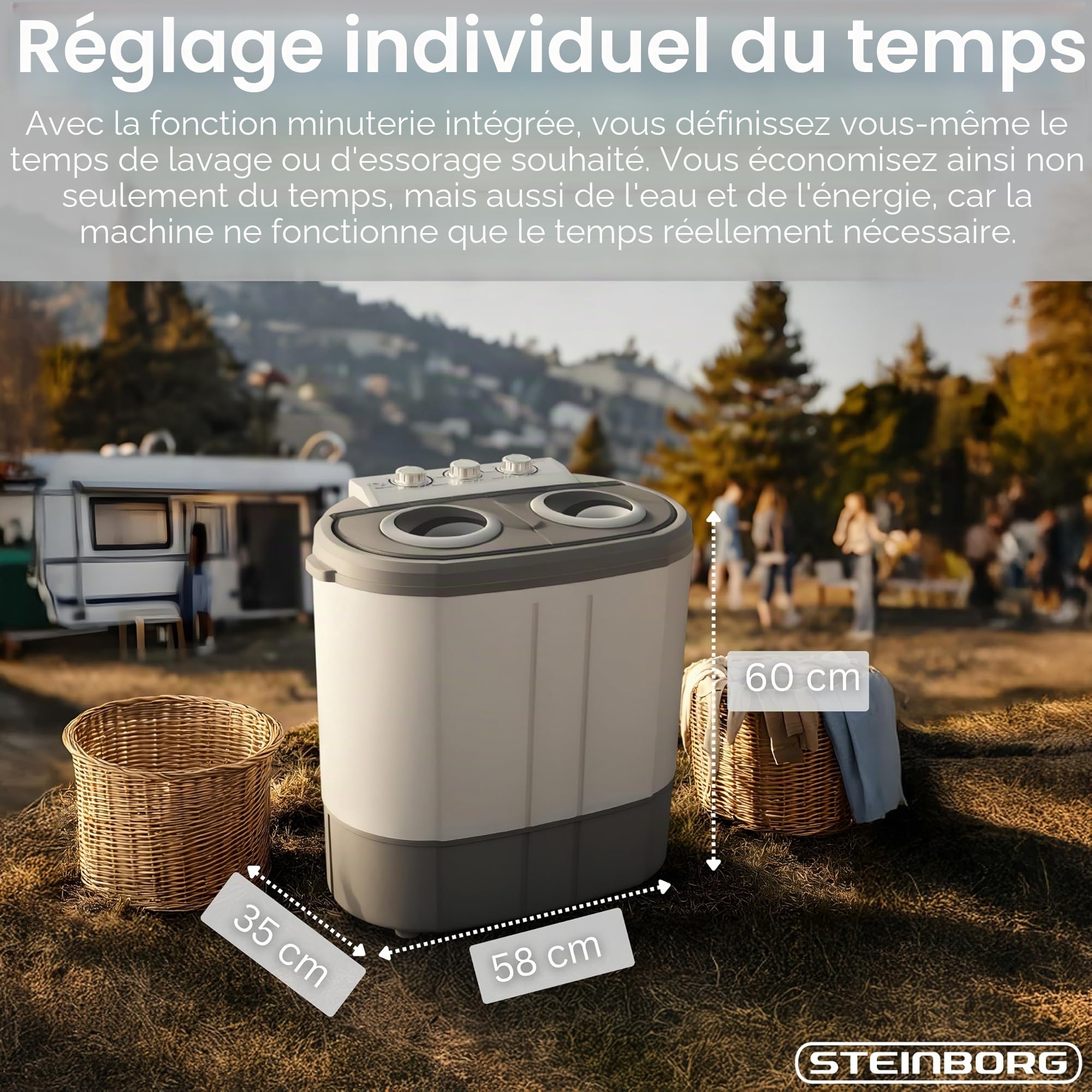 Steinborg Mini machine à laver avec essoreuse – 2 compartiments Toploader, capacité de lavage jusqu'à 3 kg, chambre d'essorage jusqu'à 1 kg, machine à laver compacte idéale pour le camping, les