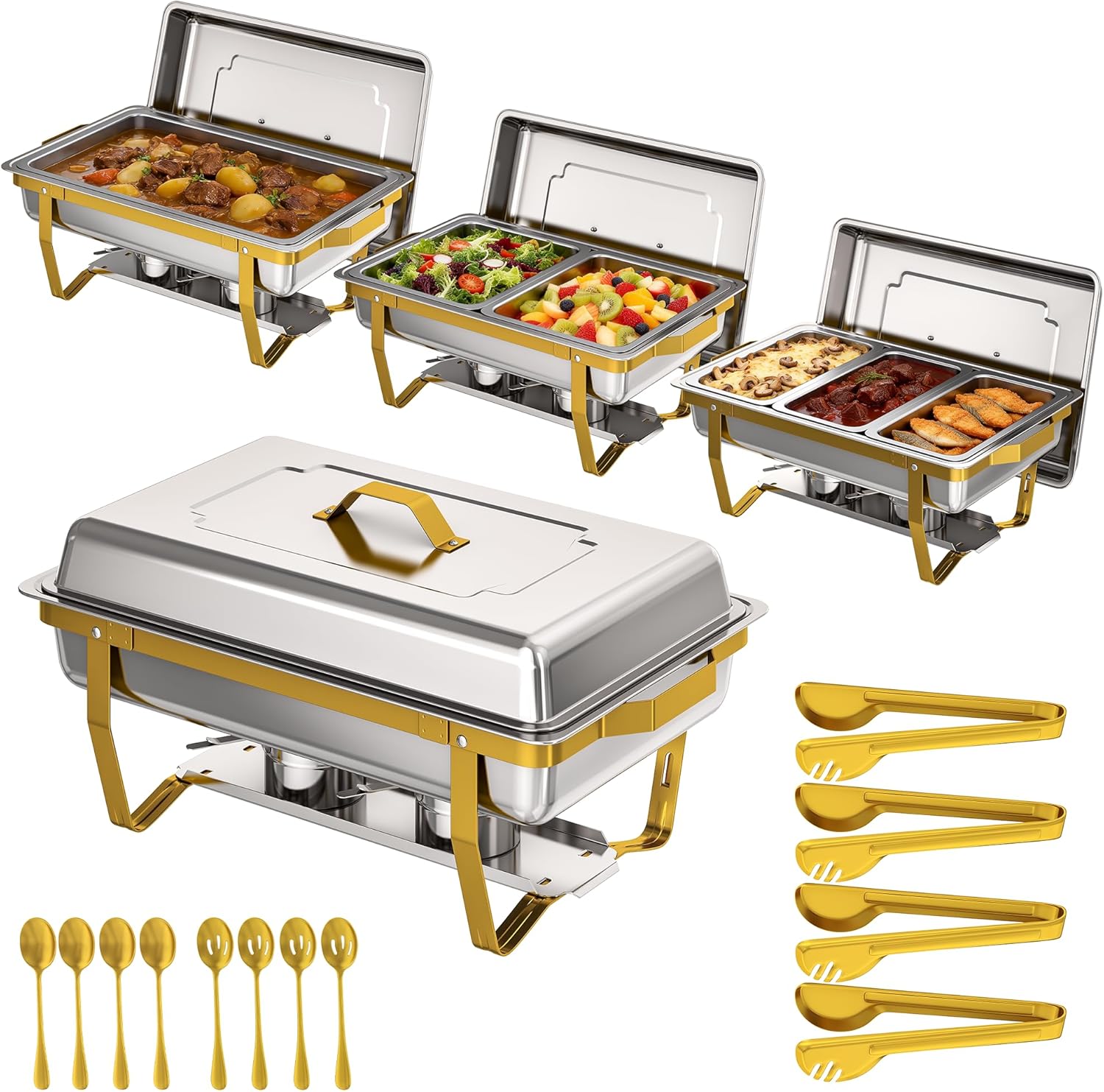 4 Pack Stainless Steel Chafing Dishes for Buffet, 9 QT Capacity with 7 Pans and Serving Utensils Food Warmers for Parties, Weddings, Events Hosting, Family Gatherings,Upgraded Base Design