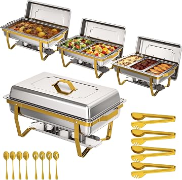 4 Pcs Gold Chafing Dish Set 8.5L Large Buffet Warmer Food Server | 7 Food Pans, Stainless Steel, Complete Set, 9QT Large Capacity, Foldable, Stackable, for Parties, Weddings, Catering Events