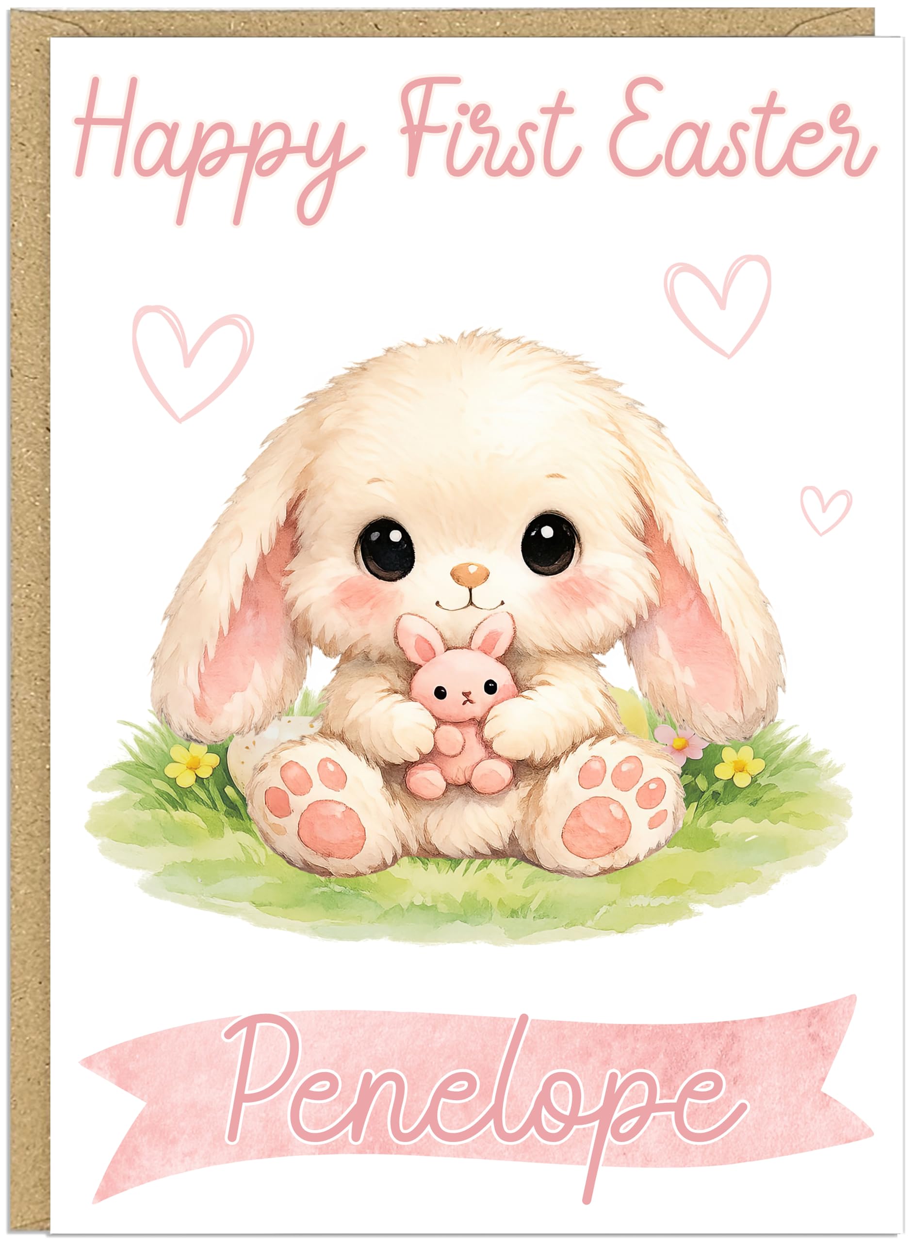 Happy First Easter Personalised Card for Baby - Custom Add Own Name Fluffy Bunny Jar Eggs Design - Toddler Happy 1st Easter Boy or Girl Greeting Card Blue Pink Teal Yellow (Pink)