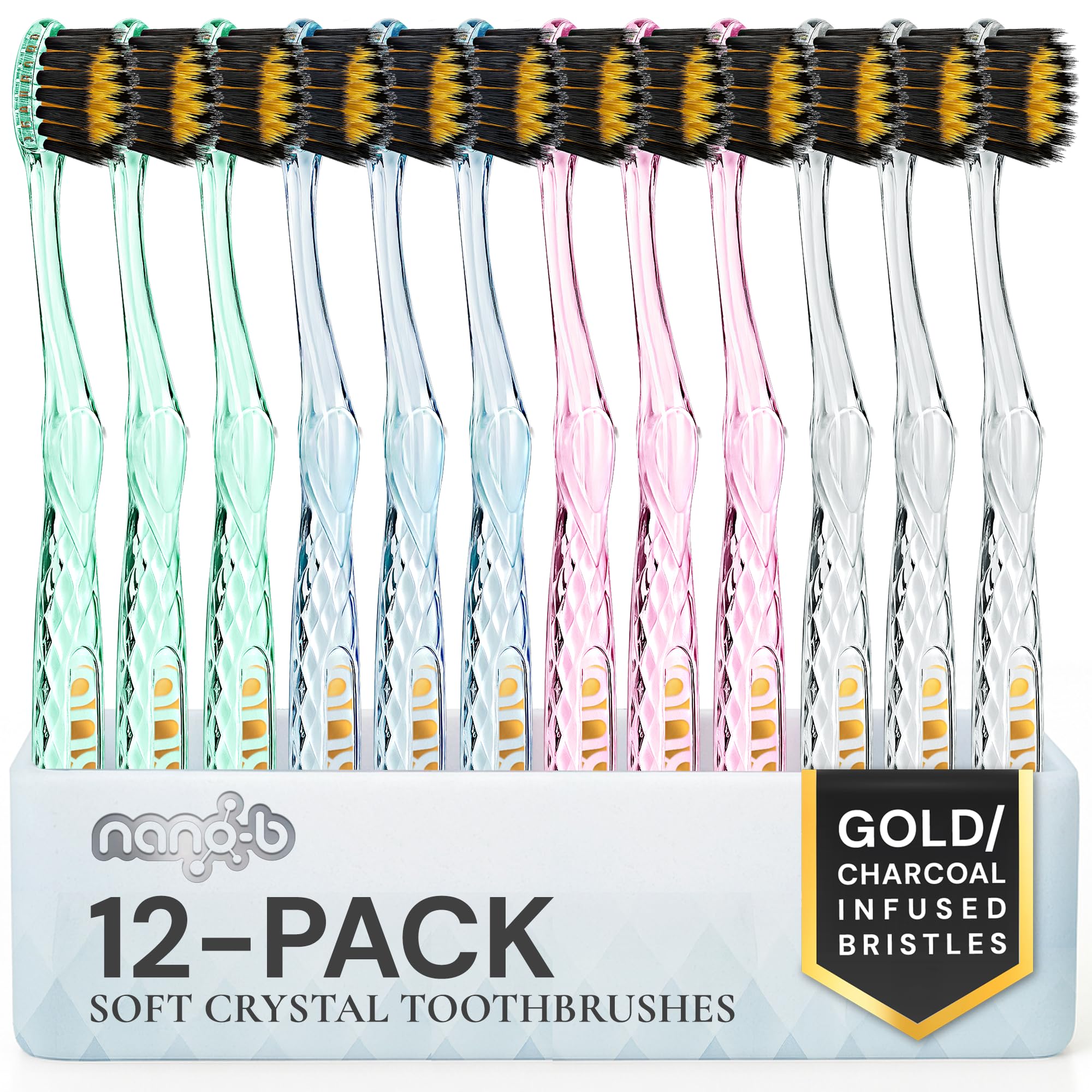 Nano-b Manual Toothbrush Set for Adults with Sensitive Gums, Gold & Charcoal Soft/Medium Bristles, Travel Cases, Blue, Pink, Green, Crystal, 12-Pack