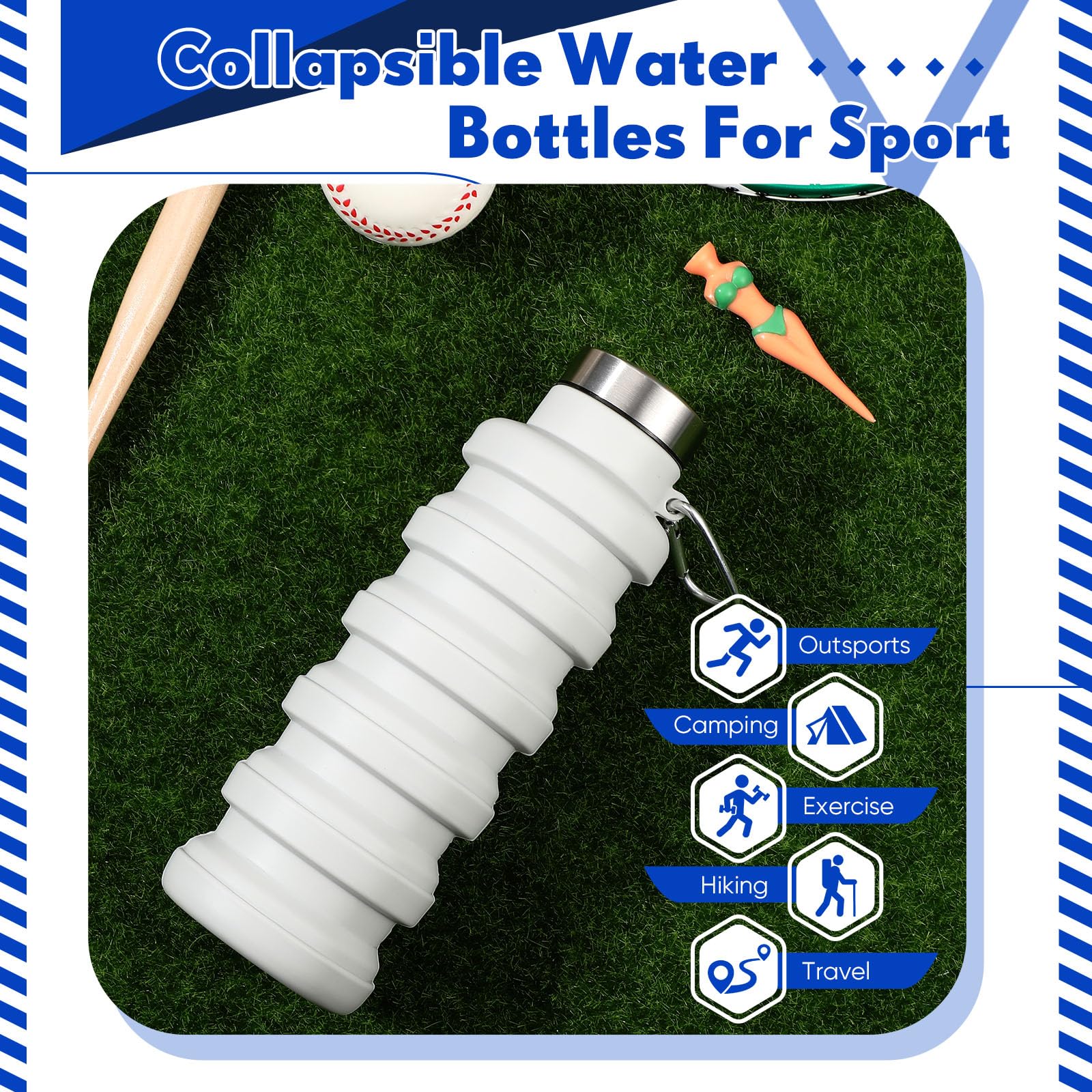 Baderke 1 botella de agua plegable de 17 onzas para viajes, botella de agua de silicona plegable reutilizable con hebilla portátil de silicona para camping, senderismo, deportes (gris blanco)