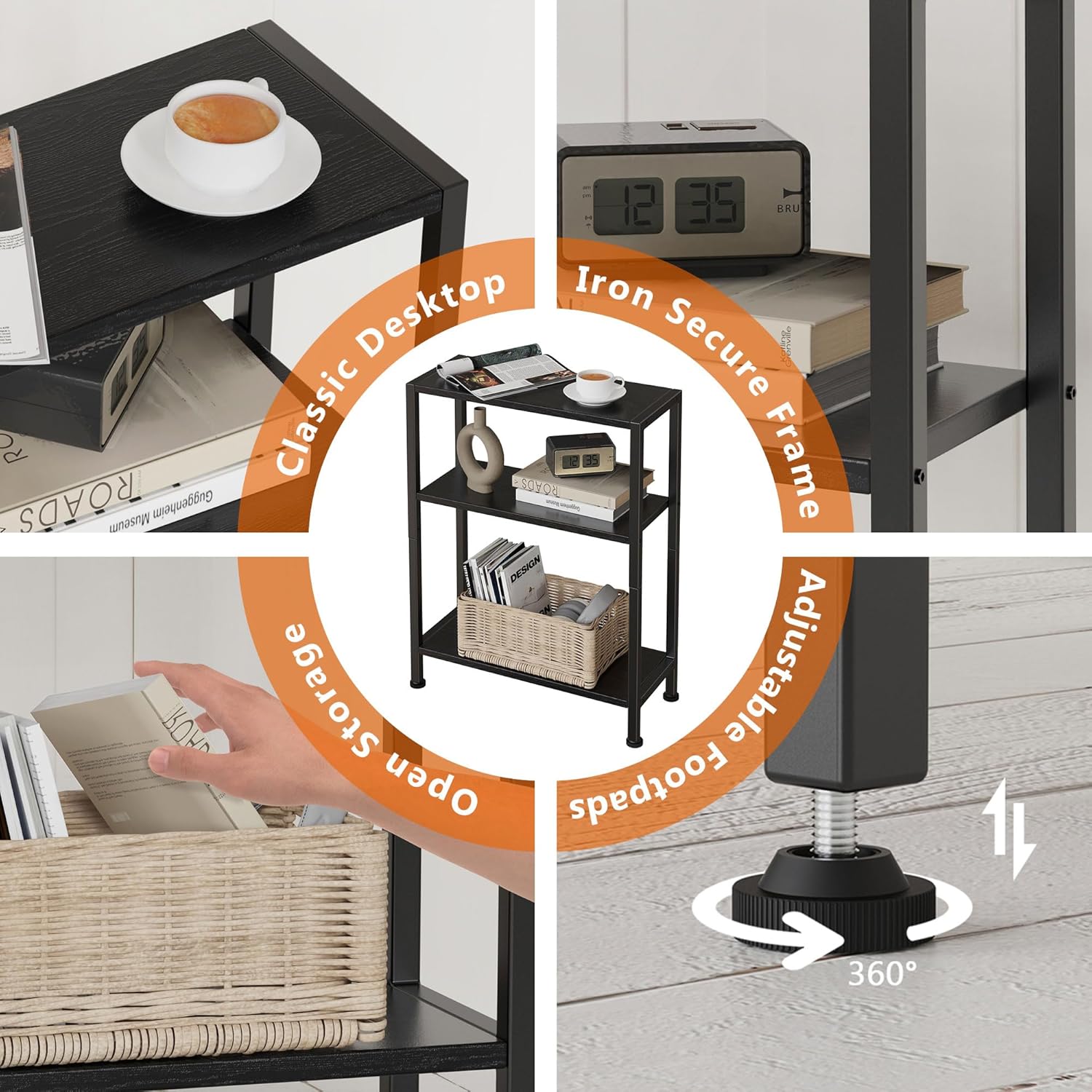 End Table with Charging Stat, 3-Tier Side Table for Small Space, Skinny